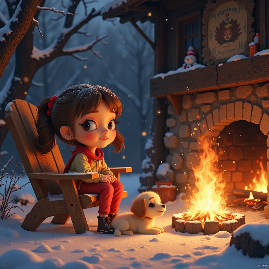 Whimsical illustration, a girl sits comfortably on a wooden chair by a warm crackling fire in a rustic outdoor snowy environment. looking at viewer, A puppy next to her was lying on her stomach, and it was snowing, and her facial features were gently illuminated by the golden light. In the playful cartoon style, her expressive face and energetic posture evoke a sense of happiness and surprise. The scene is based on a rich and dark background, and the subtle color tracking technology adds depth and texture to the artwork.