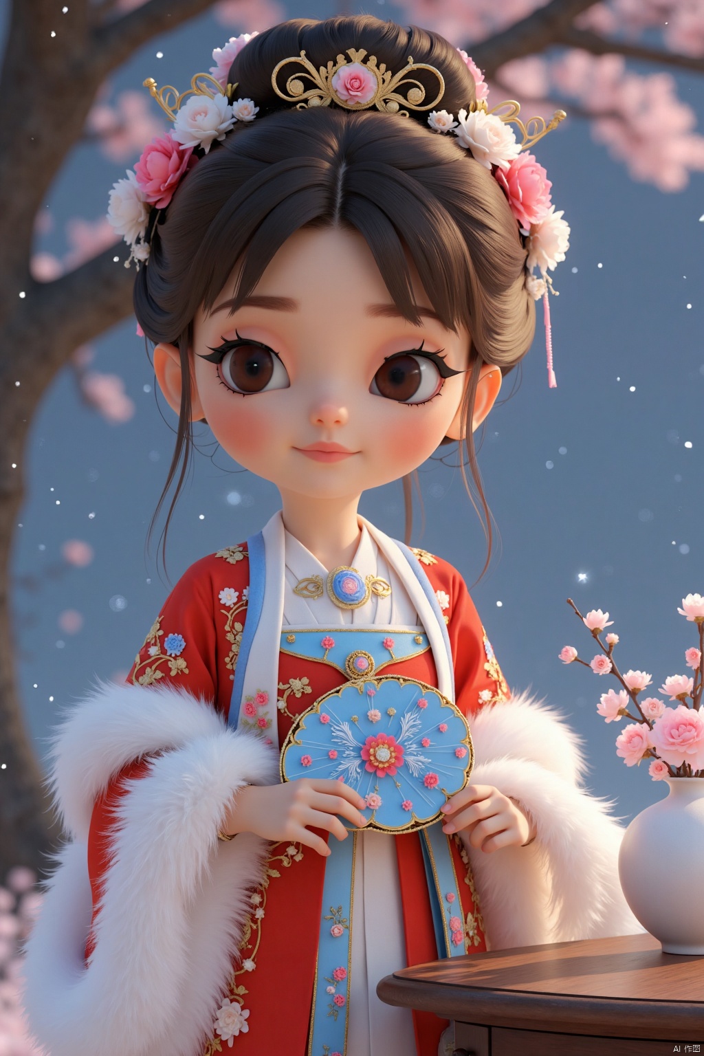 A Lovely little girl, 3D, cartoon style, the starry sky reflects the vast ocean, big and lovely eyes, round and extremely lovely face, wearing vibrant traditional costumes, mainly red, blue and white, decorated with exquisite floral embroidery, sleeves and collars are decorated with white fur, decorated with pink and white flowers, gold and blue jewelry, white fur on both sides, holding a Chinese fan, a small table in front of her, a vase with flowers, a large tree in the background, the soft light creates a quiet and peaceful atmosphere, integrating Chinese aesthetics and dramatic elements, evoking a harmonious and rich scene.looking at the viewer 