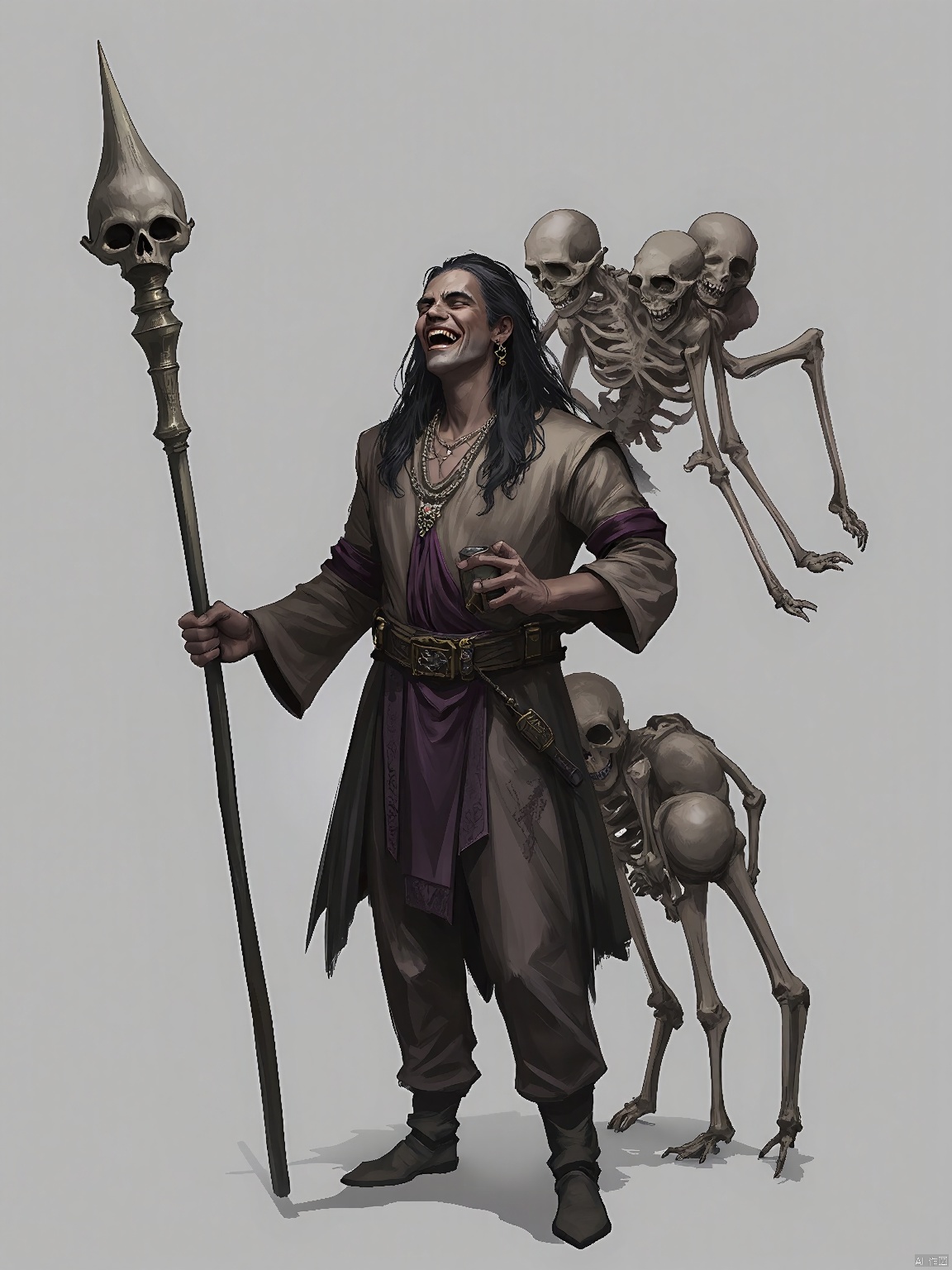 GFXY,New national style,
A necromancer with skeletal minions, wielding a staff adorned with a skull, laughing maniacally.