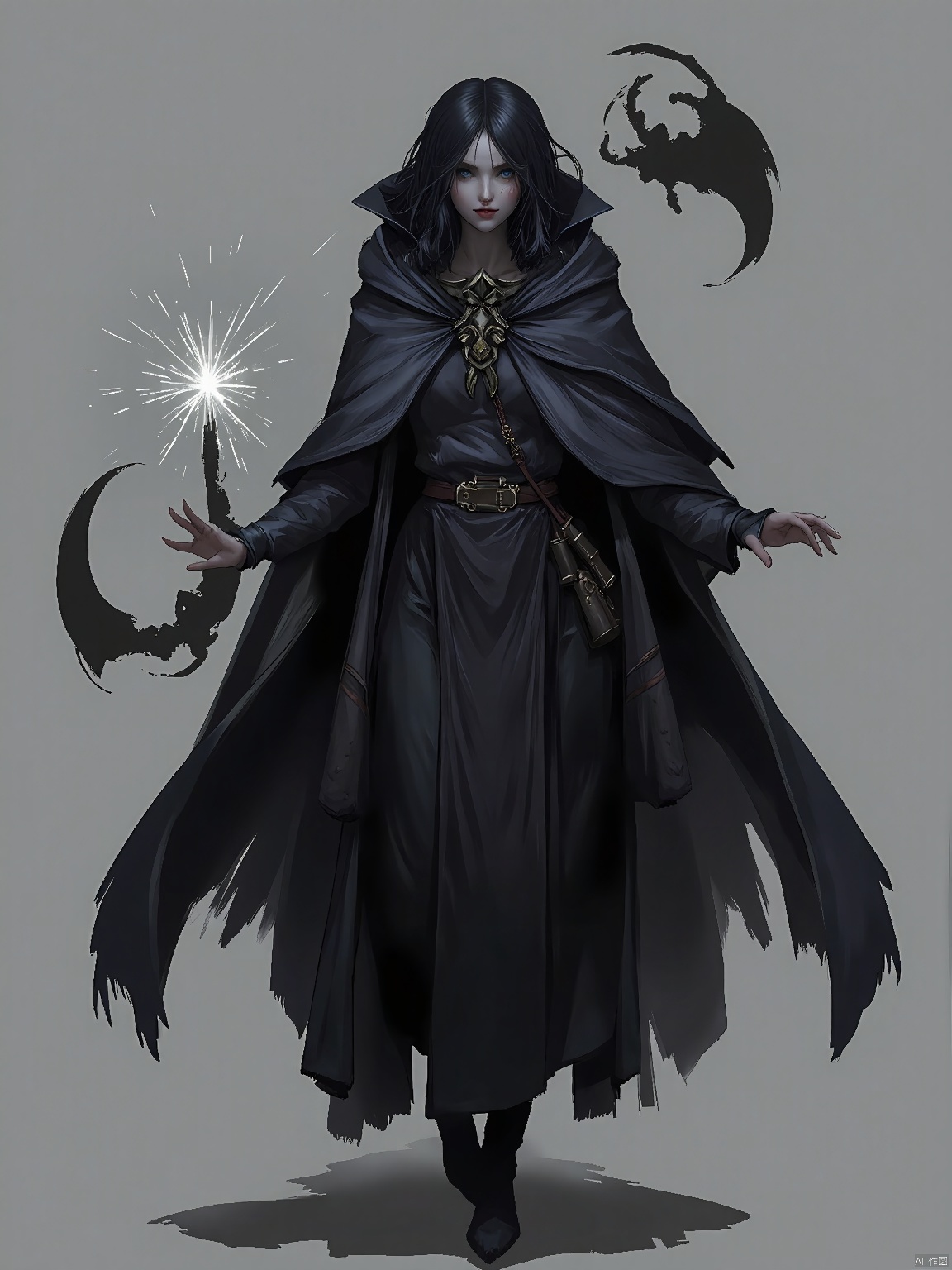 GFXY,New national style,
A dark sorceress with raven-black hair, wearing a tattered cloak, summoning shadows around her.