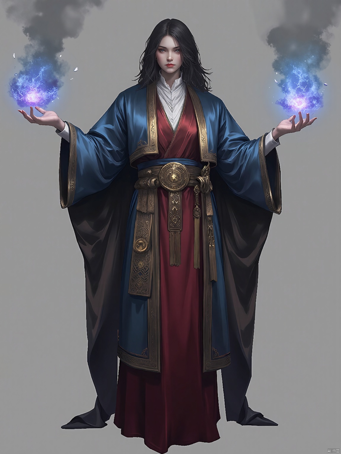 GFXY,New national style,
A mage with flowing robes, casting a spell with outstretched hands, eyes closed in concentration.