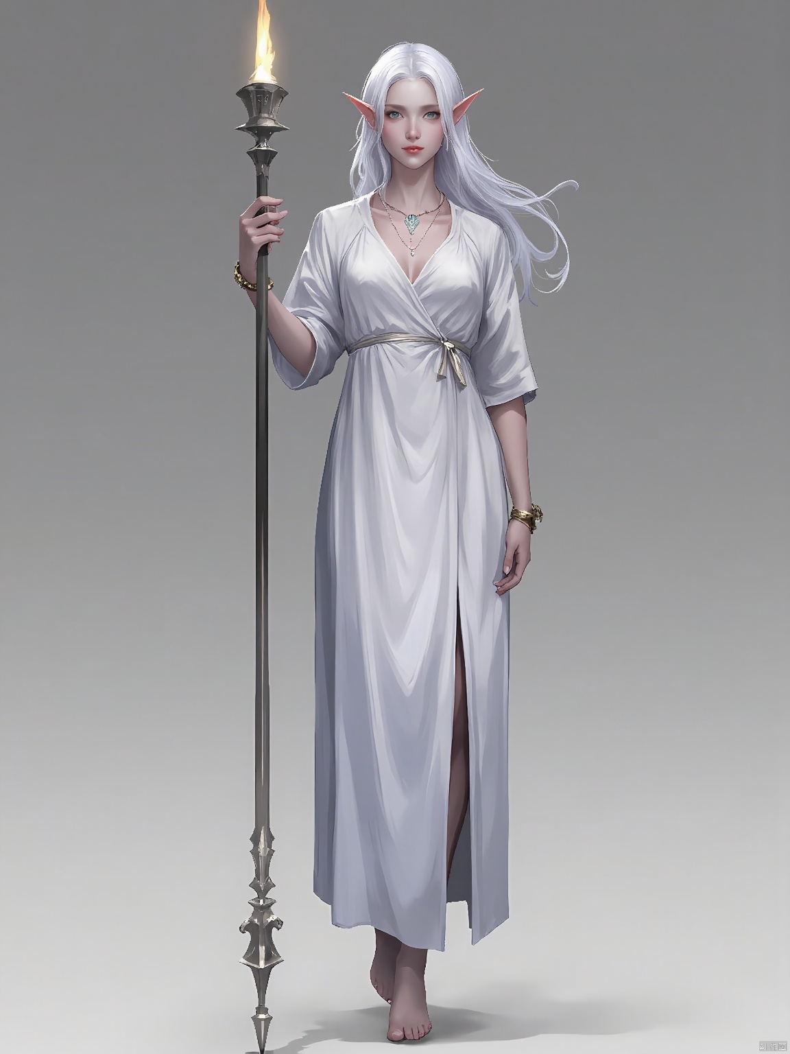 GFXY,New national style,
A female elf with silver hair, wearing a delicate gown, holding a glowing staff, eyes filled with wisdom.