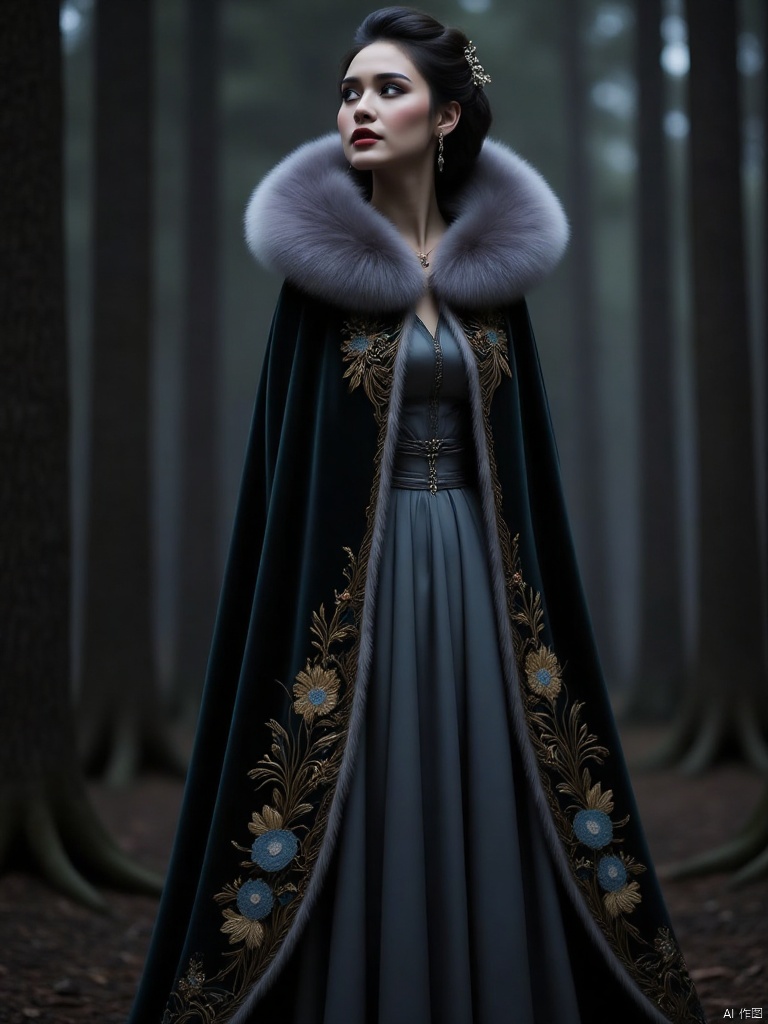 At the edge of the dark night forest, a tall woman with graceful figure and attractive curves stands tall and graceful. She leans back to reveal her white swan neck and delicate collarbones. She is wearing a black velvet cloak, with fluffy silver-gray fox fur at the collar and a blue tint. She has a beautiful face, with fine obsidian on the edges, mandala flowers embroidered with gold thread on the back, a small face with delicate features, affectionate peach blossom eyes, a high nose bridge, slightly parted red lips, and a cloak fluttering in the wind, making her look like a charming girl,Sexy Elf, A Bow-Chinese style cloak