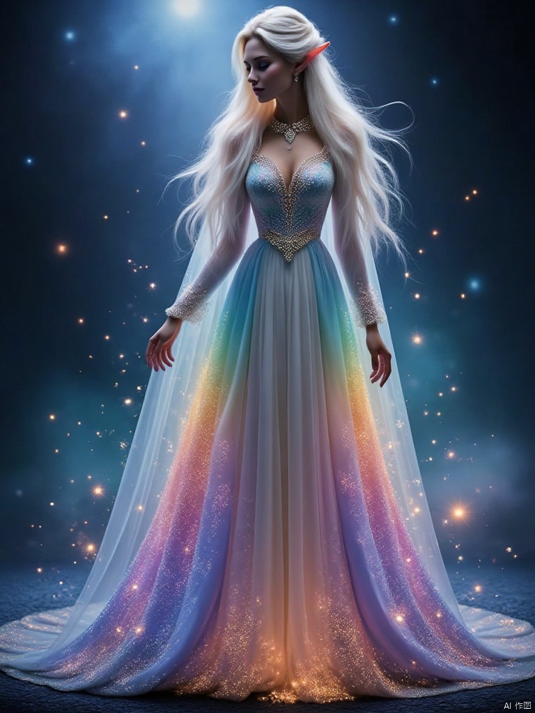 In the ethereal and boundless spiritual realm, a graceful and graceful elf quietly emerged. Her figure is light, as if she is not touched by the fireworks of the world, her movements are poetic, and her long and gorgeous hair is like a flowing rainbow waterfall, pouring down from the top of her head. Smart starlight fragments danced between the hair, and dreamlike light spots flickered continuously. The skin is like clear glass, exuding a soft and holy halo, the facial features are exquisite beyond imagination, and the eyes are like violet whirlpools, hiding endless fantasy secrets. The cloak she wears is made of phantom light yarn taken from the edge of dreams. It is as light as nothing, yet radiant. The background color is a deep and mysterious blue, like the deep sea at night, but in the blink of an eye, there are rose ripples and mint green waves, and the color changes like magic. The neckline is surrounded by dream-like rime down, each one shining with frost-like crystal light, a strange blend of coolness and warmth. The cuffs are decorated with flexible butterfly wing fragments, as thin as cicada wings, and the breeze blows, There are colorful butterflies fluttering their wings Wanting to fly, on the back of the cloak, a suspended castle in the sky is embroidered with stardust. Pegasus shuttles among the clouds, and there is an aurora sky that never ends. The elf tiptoes lightly, and the cloak flutters fiercely, making the surrounding air filled with dreams. The sweet fragrance , A Bow-Chinese style cloak