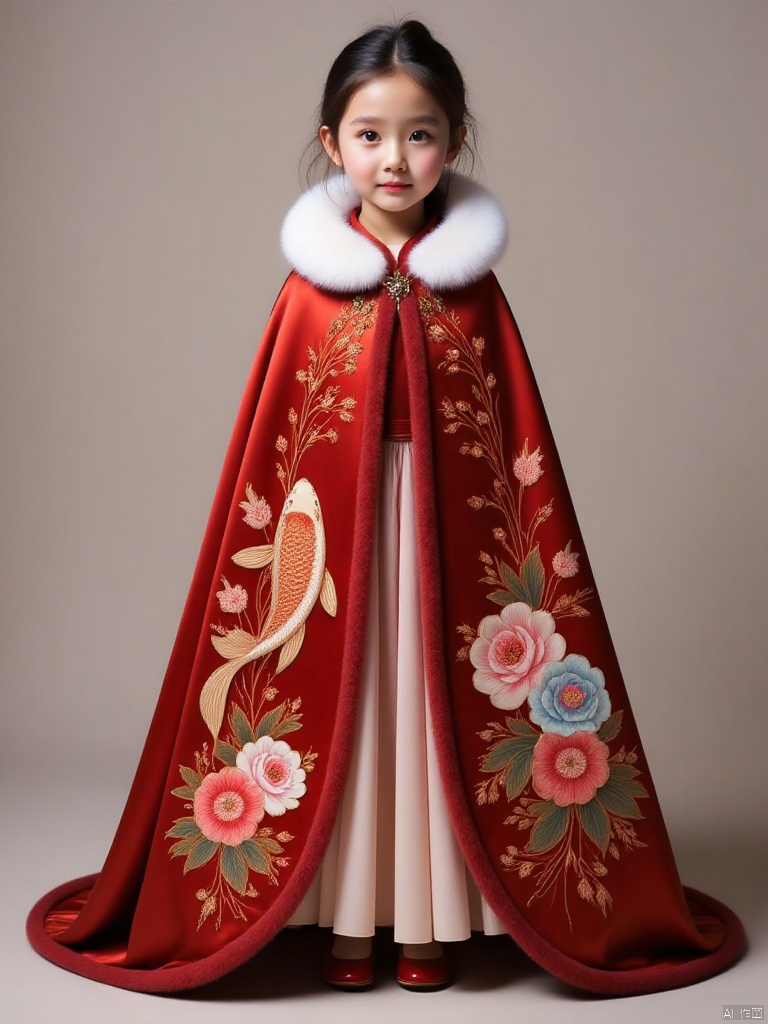 A young girl with a light figure stands tall and graceful, her fair face has a pale pink blush on her cheeks, just like the first blooming of pink cherry blossoms. The big almond eyes are bright and lively, with curiosity and agility flowing in them. The bridge of her small nose is straight, and the red tip of her nose adds a bit of charm. She is wrapped in a bright red brocade cape, which is festive and eye-catching. The cloak is thick and soft, with a warm texture, as if it contains the warmth of the New Year. The collar and cuffs are surrounded by fine white rabbit fur, which is fluffy, just like the newly fallen snow, playful and cute. On the front, the koi carp embroidered with gold thread is lifelike, with bright scales, and the agile fish tail seems to be shaking up the water, expressing the wish of having more than a year. The colorful peonies on the back are delicate and delicate, and the silk threads interweave layers of petals. Showing wealth and good fortune, A Bow-Chinese style cloak