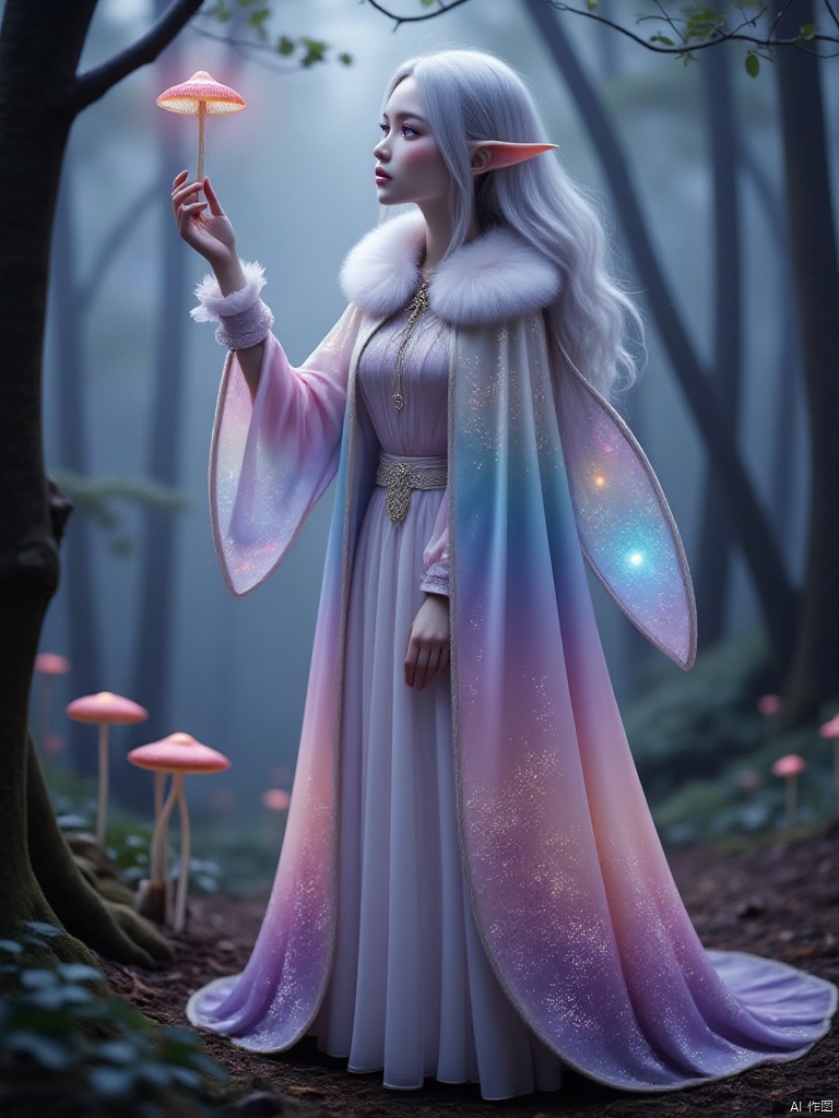 Deep in the misty forest, the light and slender elf is ethereal and beautiful. She has ankle-length silver hair interspersed with light blue crystals, her skin is white and glowing, and her violet eyes are deep and smart. Wearing a colorful silk cloak, as thin as cicada wings, the light and shadow change, pink and purple are intertwined, white feathers are soft on the collar and cuffs, and a bright starry sky is painted on the tail. She raises her hand to touch the fluorescent mushroom, her eyes are curious, and her whole body is full of dreamy atmosphere. It seems to be involved in a beautiful dream. , A Bow-Chinese style cloak