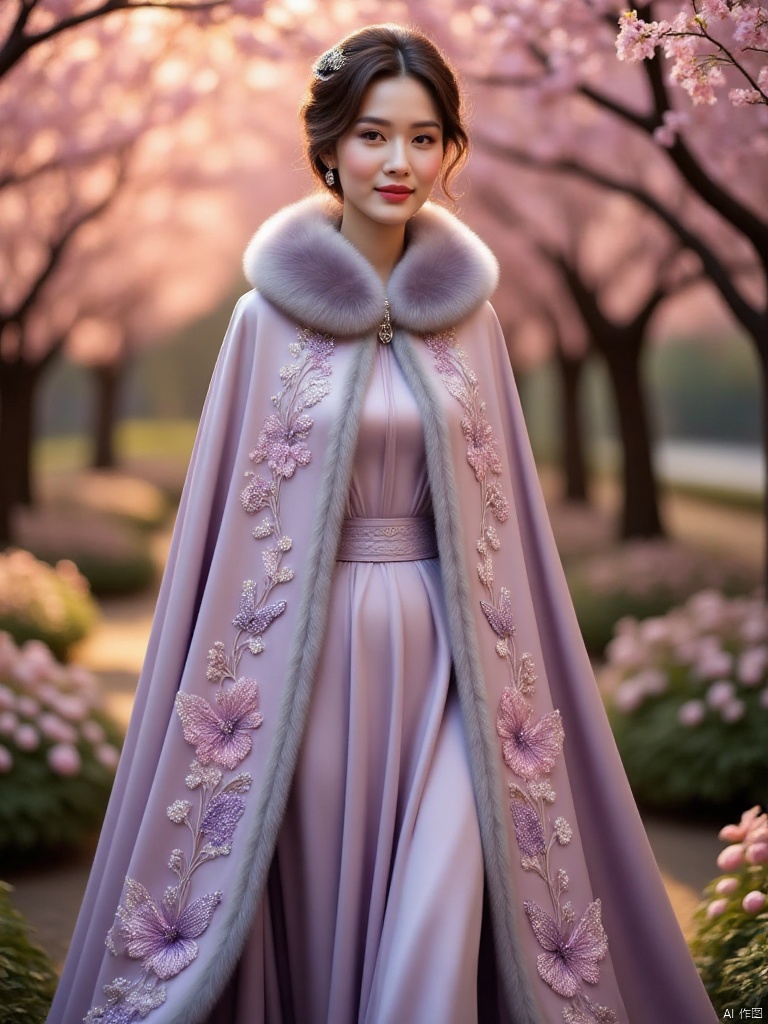 In the peach garden in spring, a smart and gentle woman walks lightly, wrapped in a light purple silk cloak. It is of high quality, smooth and shiny, embroidered with butterflies and wisteria flowers, intertwined with silver and white light pink threads, and decorated with diamonds. The light gray mink fur collar is warm and luxurious. With her dark hair and amethyst hairpin, her face is like jade and her eyebrows are affectionate. The warm golden sunlight shines through the flowers, outlining the light and shadow, like a spring wonderlan,A Bow - Chinese style cloak