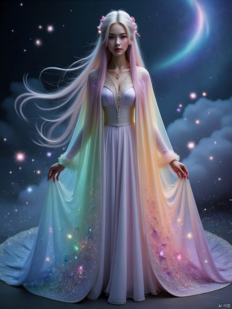 In the ethereal and boundless spiritual realm, a graceful and graceful elf quietly emerged. Her figure is light, as if she is not touched by the fireworks of the world, her movements are poetic, and her long and gorgeous hair is like a flowing rainbow waterfall, pouring down from the top of her head. Smart starlight fragments danced between the hair, and dreamlike light spots flickered continuously. The skin is like clear glass, exuding a soft and holy halo, the facial features are exquisite beyond imagination, and the eyes are like violet whirlpools, hiding endless fantasy secrets. The cloak she wears is made of phantom light yarn taken from the edge of dreams. It is as light as nothing, yet radiant. The background color is a deep and mysterious blue, like the deep sea at night, but in the blink of an eye, there are rose ripples and mint green waves, and the color changes like magic. The neckline is surrounded by dream-like rime down, each one shining with frost-like crystal light, a strange blend of coolness and warmth. The cuffs are decorated with flexible butterfly wing fragments, as thin as cicada wings, and the breeze blows, There are colorful butterflies fluttering their wings Wanting to fly, on the back of the cloak, a suspended castle in the sky is embroidered with stardust. Pegasus shuttles among the clouds, and there is an aurora sky that never ends. The elf tiptoes lightly, and the cloak flutters fiercely, making the surrounding air filled with dreams. The sweet fragrance , A Bow-Chinese style cloak