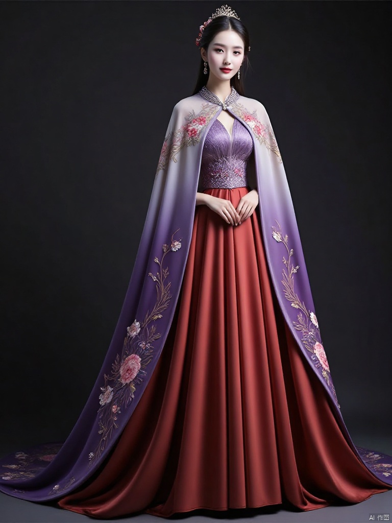 In the mysterious wonderland, there stands a dazzling woman who looks like Fan Bingbing's version of Wu Zetian. She has a tall and graceful figure, a slender waist, and a graceful and natural temperament. Her skin is as white as snow, glowing with a gentle and soft light, so delicate that no flaws can be seen. Her appearance is exquisite, her long and narrow eyes are like a deep pool, and her mysterious purple eyes are deep and alluring. Just look at them lightly and they can capture your heart. ; The bridge of the nose is high and the tip of the nose is playful and slightly tilted, making the facial features more three-dimensional and agile; the small cherry mouth is slightly red, and there is a confident smile in the corner of the mouth to control the overall situation. At this moment, her right arm is raised slightly, and the lines of the lotus arm are soft Smooth, the skin glows with a delicate luster under the dim light, the wrist is turned slightly, as if carelessly teasing the fairy aura beside the body, the left arm is slightly bent, naturally hanging down by the side, the fingers are gently twisting the hem of the clothes, that repair The long fingertips contrast with the gorgeous silk and satin, adding a bit of elegance and nobility. She is wearing a gorgeous silk and satin dress, with gold and silver threads intertwined to embroider a phoenix with spreading wings. The phoenix's feathers are fully visible, as if it is about to fly high in the next second. . The neckline is in a cross pattern and is densely inlaid with round and full bright pearls. The large sleeves flutter in the wind, and the gauze as thin as cicada wings between the sleeves is embroidered with flowers. The flowers are looming in the interplay of light and shadow. The floor-length skirt slowly transitions from deep purple to bright red. It spreads gracefully as you walk, and the air of luxury hits your face, like a bright pearl in this fairyland, A Bow - Chinese style cloak