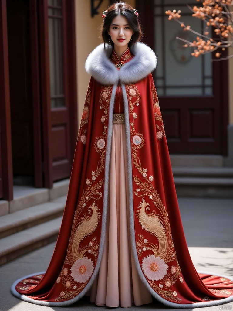 In the ancient courtyard, a graceful lady stands tall and graceful, her figure standing sideways is full of softness. She is wearing a red brocade Chinese-style cloak, which is extremely gorgeous. The front is embroidered with a spreading phoenix and auspicious clouds, and the back is surrounded by flowers and decorated with pearls. , coral beads; The fur collar of white fox fur is fluffy and soft, with a silver-blue luster, which makes the beauty more delicate. The beauty has black hair like a waterfall, with golden silk in her hair, and she has a beautiful face, affectionate eyebrows and eyes, and the warm golden sunshine shines through the flower window. Spreading down, it outlines the beautiful outline, poetic and beautiful,A Bow - Chinese style cloak