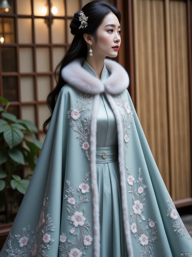 Beside the Jiangnan waterside pavilion, a gentle woman stands sideways with graceful posture and graceful manner. She is wearing a light azure silk cloak, embroidered with cloud patterns and plum blossoms with silver thread and moon white silk thread. She is elegant and out of the ordinary; the fur of milky white rabbit fur is The collar is warm and waxy, the black hair is loose, and there is a goat's milk color jade hairpin. The face is fair, the eyebrows are lively, and the lips are like cherry petals. The soft light of dusk falls through the bamboo curtains, creating a beautiful picture of quiet time, A Bow - Chinese style cloak