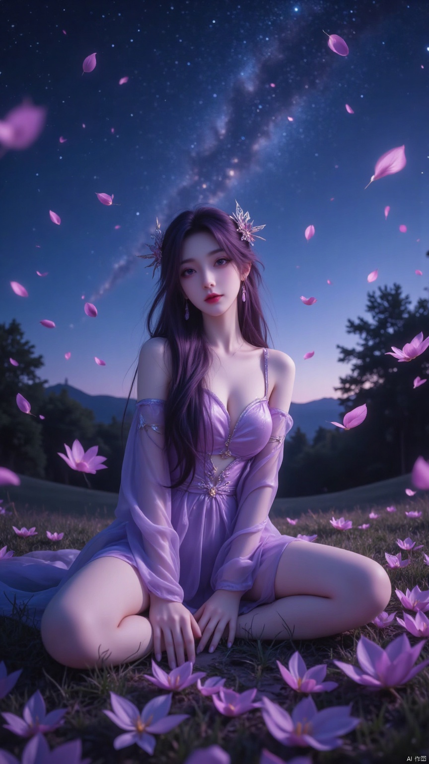 Aiming, DSLR quality, depth of field, at_viewer, dynamic poses, rich expressions, friendly smile, 1 girl, 8k resolution, masterpiece quality, high details. Shot from below, low angle shot, fantasy theme, cropped. {(1 girl: 1.5), alone, long hair, purple hair, wearing hair accessories, wearing a dress, sitting, full body, her huge breasts can barely be contained by the clothes, (closer to the audience: 1.8), (see Looking at the audience: 2), beautiful face, ((worm-eye shot: 1.2)), perspective distortion}, (panoramic, fisheye lens effect: 1.1). {(Strong backlight, underexposure: 1.4), (Occlusion shadow: 0.8), Depth of field (100mm focal length: 1.2)}, (Horizontal line: 0.7), low-key earth. The feathers of the starry sky blend into the background, creating a sense of depth and gradient color. Combined with the Droste effect (endless repetition and reflection: 1.2). Bare legs, long legs, beautiful legs, trees, grass, mountains, celestial bodies, dark blue atmosphere. Surrounded by fluttering petals, reflecting or casting dramatic shadows and highlights, {(Meteor Shower, Planets: 1.1), (Comet Vermilion: 1.3)}. Mesmerizing effect, dreamy atmosphere. A swirl of rose petals, a swirl of starry sky.