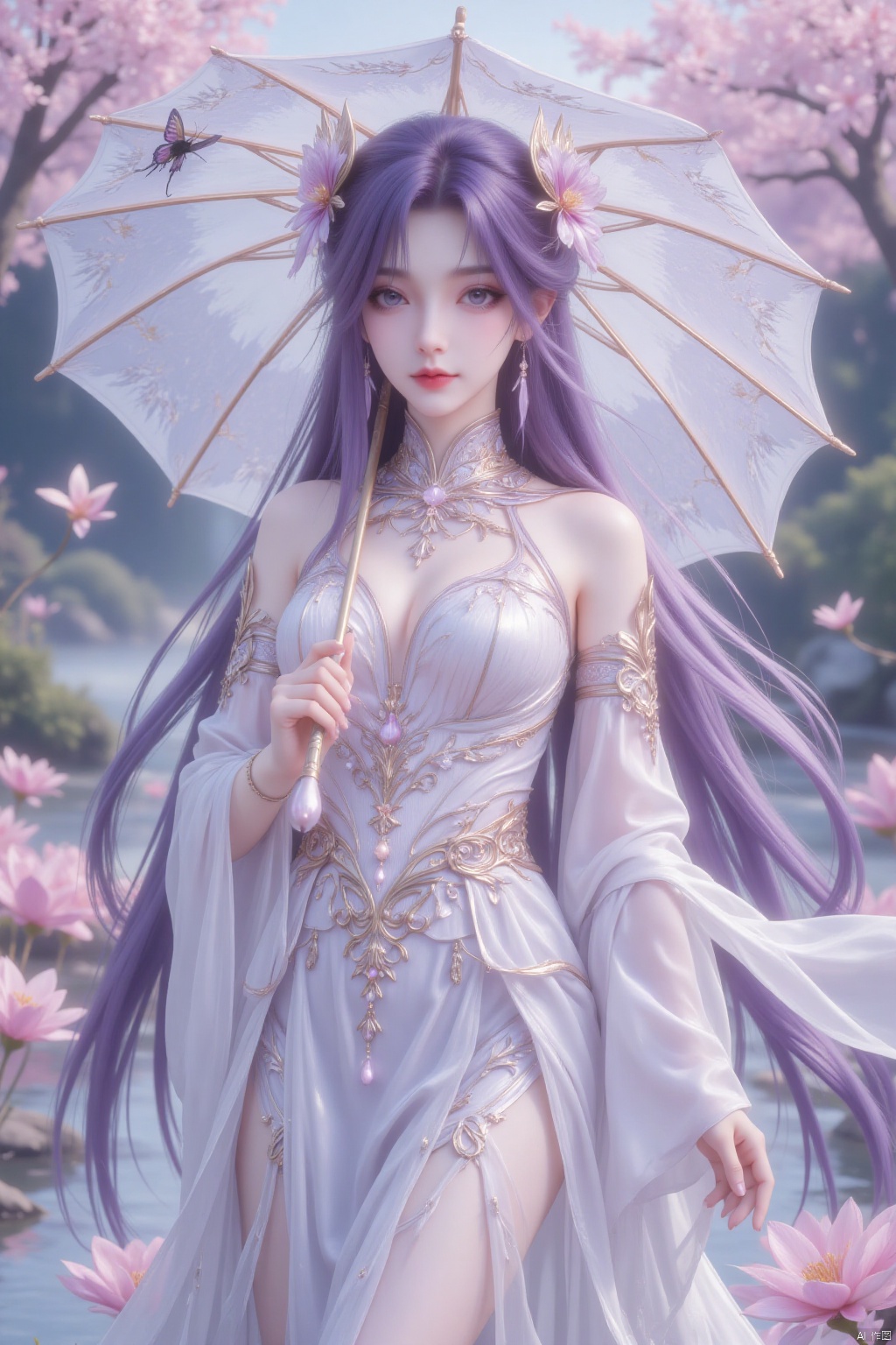 1girl, solo, long hair, hair ornament, dress, holding, full body, purple hair, flower, water, white dress, clothing cutout, umbrella, cleavage, bug, butterfly, holding umbrella
