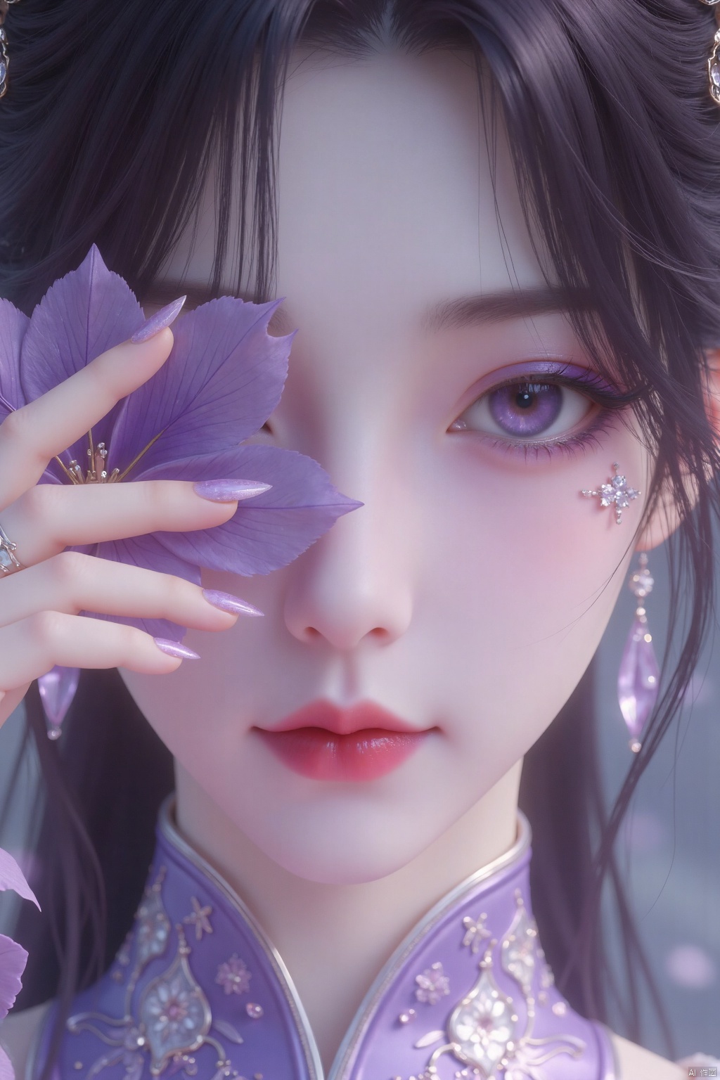 Close-up of a dark-haired girl. She has purple eyes, purple eyeshadow, purple crystal nails, and holds a purple fake flower in one hand, covering her left eye. She is wearing purple Hanfu. Style is Digital Art, Digital Illustration, Fantasy Realism, Fashion Sense, Portrait (Black Hair) Masterpiece: 1.2), Best Quality, High Resolution, Uniform 8K Wallpaper, (Illustration: 1), Perfect Lighting, Very Detailed CG, fine details, very detailed, soft lights and shadows, soft and dramatic lighting, cinematic texture: 1.2, (skin pores: 1.2 ), (Detailed Skin Texture: 1), (Single: 1.5), Detailed Face, (Perspective: 1.1), Hazy, Low Key: 1.1, Depth of Field, (8K, RAW, Best Quality, Masterpiece: 1.2 ), photorealistic: 1.4), (very detailed unity 8K wallpaper: beautiful eyes), low angle shot, dynamic poses, background blur, deep blue atmosphere.