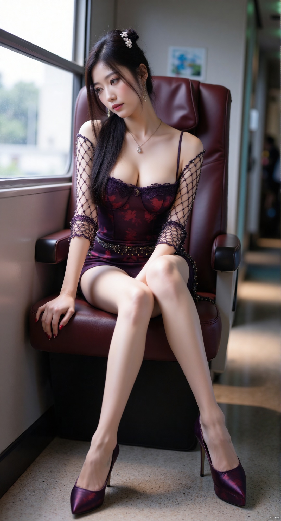 A Chinese train female flight attendant , vision. The female train attendant wore fashionable and sexy high heels, long hair and air bangs, which had a youthful atmosphere. In this galloping train, the female flight attendant used her sexy legs to seduce the boy on the train. She sat on the ground and exposed her sexy plump and fleshy long legs, conquering the man and riding under her crotch. Wonderful plot interpretation, tempting expression full of passion，spread legs
hood
high heels
s, beauty plot, stunning costumes，A girl with lustrous long black hair, her fringe partially veiling her mysterious eyes,bikini,