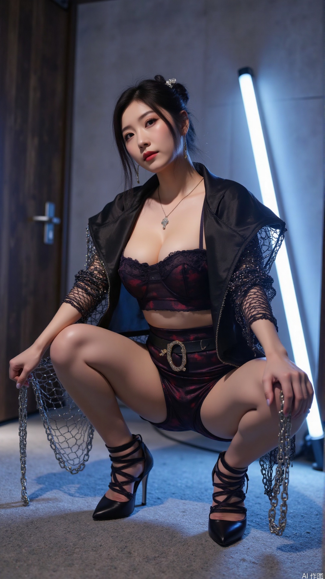 (widowmaker from overwatch:1.3), 1girl, solo, 
(provocative M-legs squat:1.6), (sumo squat position:1.5), 
(legs spread wide:1.4), (thighs spread exposing crotch:1.3), 
(bent knees at 45-degree angles:1.2), 
high-waisted shorts, (latex texture:1.4), gradient transparency stockings, 
(zettai ryouiki system:1.6) with liquid metal reflections, 
asymmetrical jacket with bioluminescent piping(580nm wavelength), 
(kinetic chain accessories:1.4)(swinging pendulum waist ornament), 
(breast physics:1.3)(large breasts with lace texture collision), 
low-angle perspective distortion, (legs extending toward camera:1.5), 
(forced perspective:1.3)(foreshortened thighs:1.2), 
(blurred face:1.2)(sharp focus on legs:1.6), 
(high-heel arch emphasis:1.4)(toes pointed outward:1.3), 
(ambient occlusion:1.2)(rim lighting:1.4), 
(hyperrealistic skin shader:1.5)(subsurface scattering:1.3), 
(compositional tension:1.4)(triangular framing by legs:1.5)