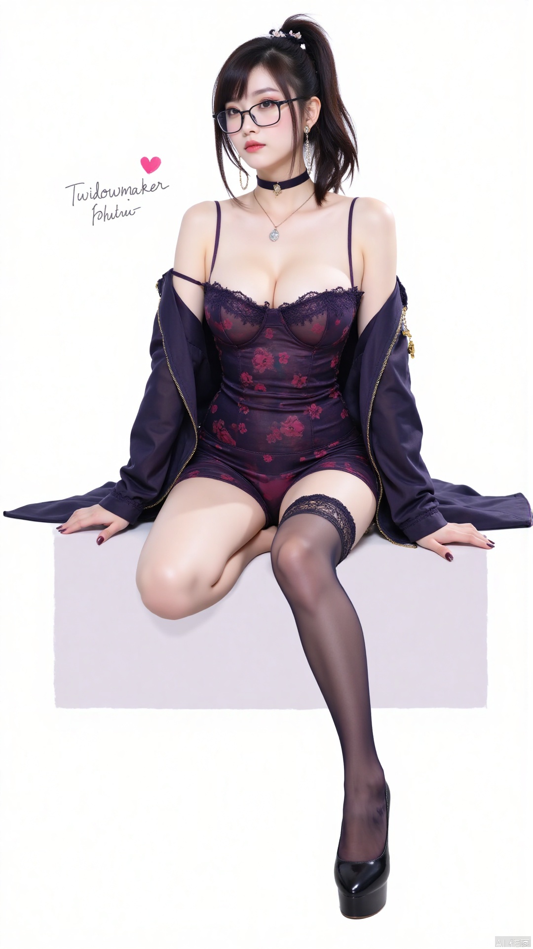 1girl, solo, breasts, large breasts, thighhighs, sitting, ponytail,jacket,heart, glasses, shorts, english text, lips, see-through, widowmaker \(overwatch\),high heel