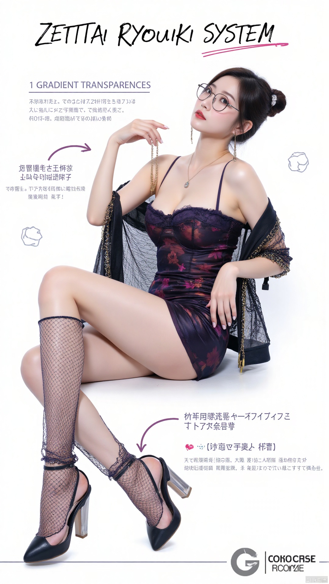 1girl, solo, breasts, large breasts, thighhighs, sitting, ponytail,jacket,heart, glasses, shorts, english text, lips, see-through, widowmaker \(overwatch\),high heel(zettai ryouiki system:1.6):
1. (gradient transparency:1.5) 25-35% opacity transition
2. (kinetic accessories:1.4) swinging chains/pendulums
3. (bioluminescent line:1.3) 580nm wavelength guide
4. (texture collision:1.2) lace vs liquid metal