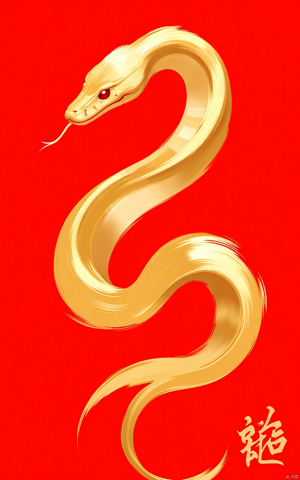 SNHB, a digital illustration of a golden snake coiled on a bright red background. The snake's body is smooth and shiny, textured, and patterned like a paintbrush. The composition follows the rule of thirds, with the snake's head in the upper left quadrant. The eyes of the snake are sharp and sharp, giving a strong feeling. The depth of field is shallow and the background is blurred to emphasize the snake. The image is of high aesthetic quality, with the golden snake contrasting sharply against the red background. The style is reminiscent of modern digital art with a touch of traditional painting techniques.