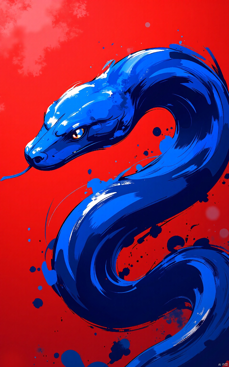 SNHB, a Year of the Snake creation in digital format. A sapphire serpent coils on a canvas of crimson red. Its body gleams with a smooth texture, resembling the strokes of a master painter. The snake's head rests in the bottom left, following the rule of thirds. Its eyes are keen, filled with mystery. The depth of field focuses on the serpent, while the background blurs into a red haze. The design is stunning, sapphire contrasting sharply with red. It captures the spirit of digital art infused with classical brushwork.
