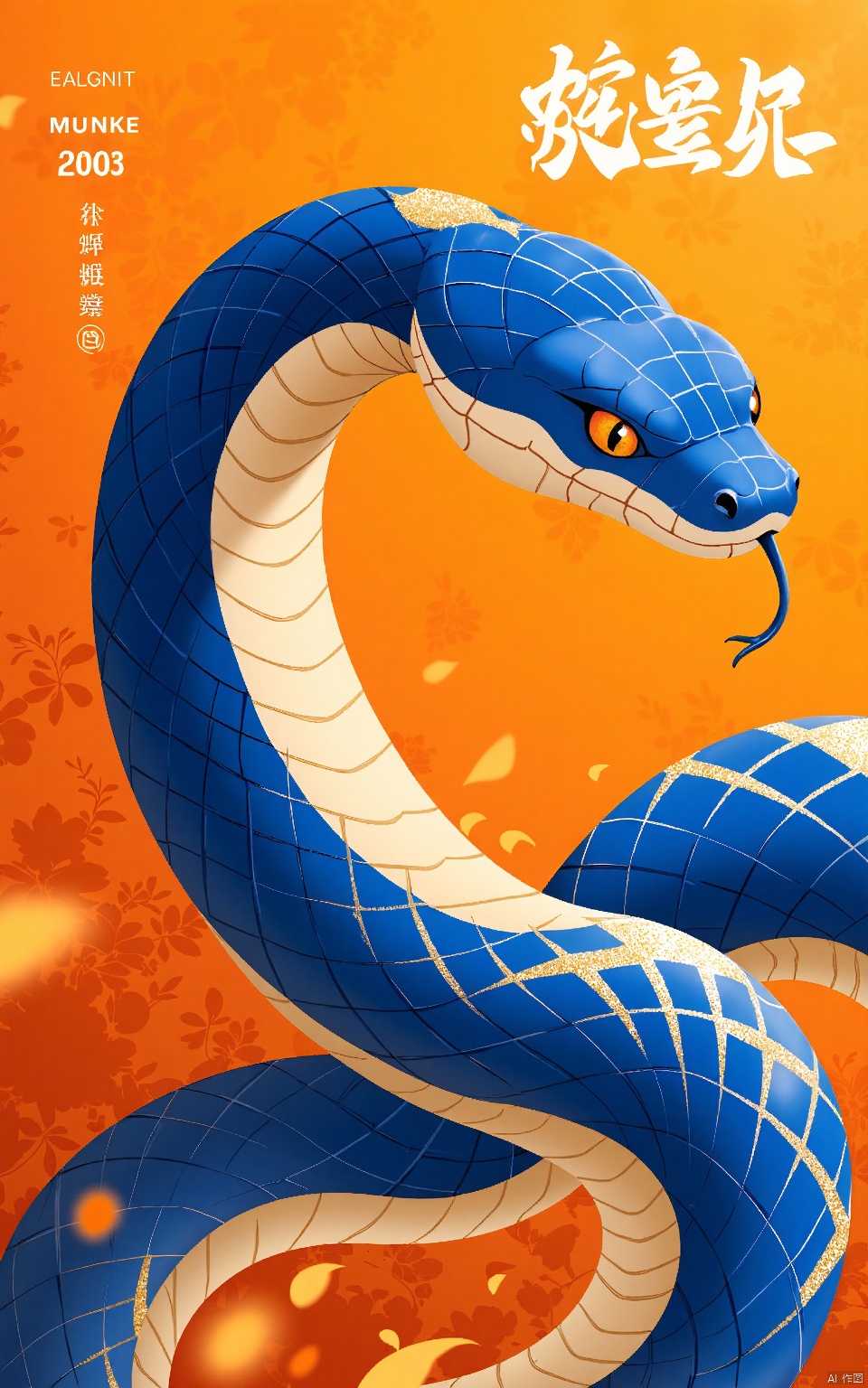 SNHB, a digital poster marking the Snake Year. A sapphire cobra writhes on a canvas of fiery orange. Its scales shimmer with a metallic finish, echoing the texture of ancient tapestry. The snake's head peeks from the top right, adhering to the rule of thirds. Its eyes are piercing, filled with wisdom. The background fades into a lush blur, emphasizing the cobra's strength. The aesthetic is striking, sapphire standing out against orange. It blends modern digital artistry with traditional painting techniques.
