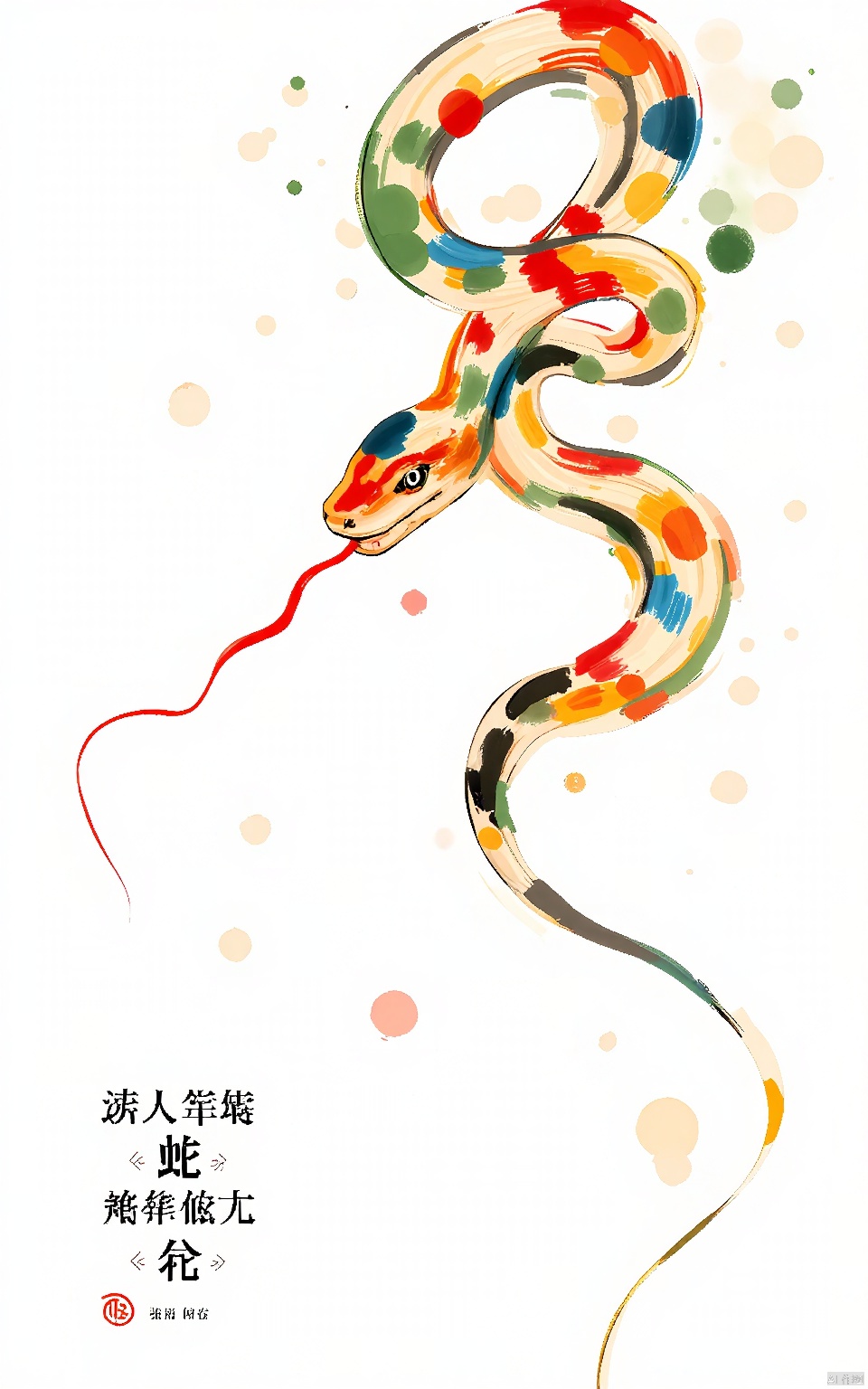 SNHB,SNHB,a vibrant,high-quality digital painting,depicts a snake's long,meandering body,fine scales,and flowing red tongue. The snake is decorated with colored spots of red,blue,green and yellow. The background is white,and the composition uses the guide line and the rule of thirds. The faucet is centered and the background is blurred. This style is reminiscent of the modern style of traditional Chinese art. The aesthetic quality is very high.,