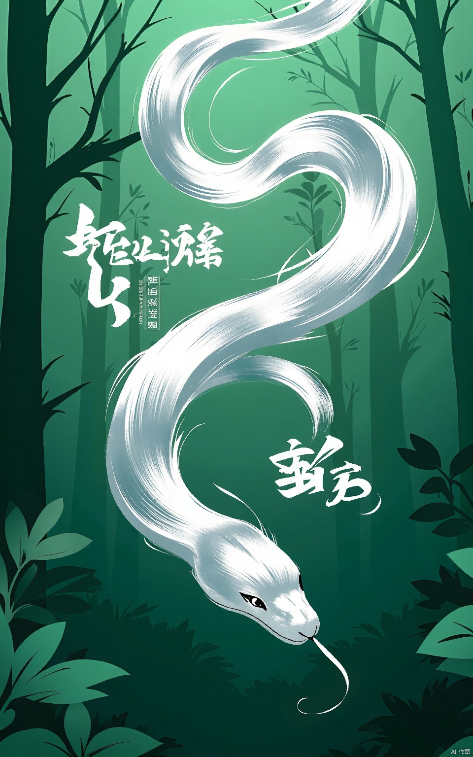 SNHB, a Year of the Snake illustration in digital media. A snake of radiant silver undulates on a canvas of emerald green. Its body gleams with a silken texture, reminiscent of brush strokes on silk. The snake's head emerges from the bottom right, following the rule of thirds. Its eyes are sharp, filled with insight. The depth of field draws attention to the snake, while the background melts into the forest. The design is captivating, silver contrasting vividly with green. It combines modern digital creativity with classic painting methods.

