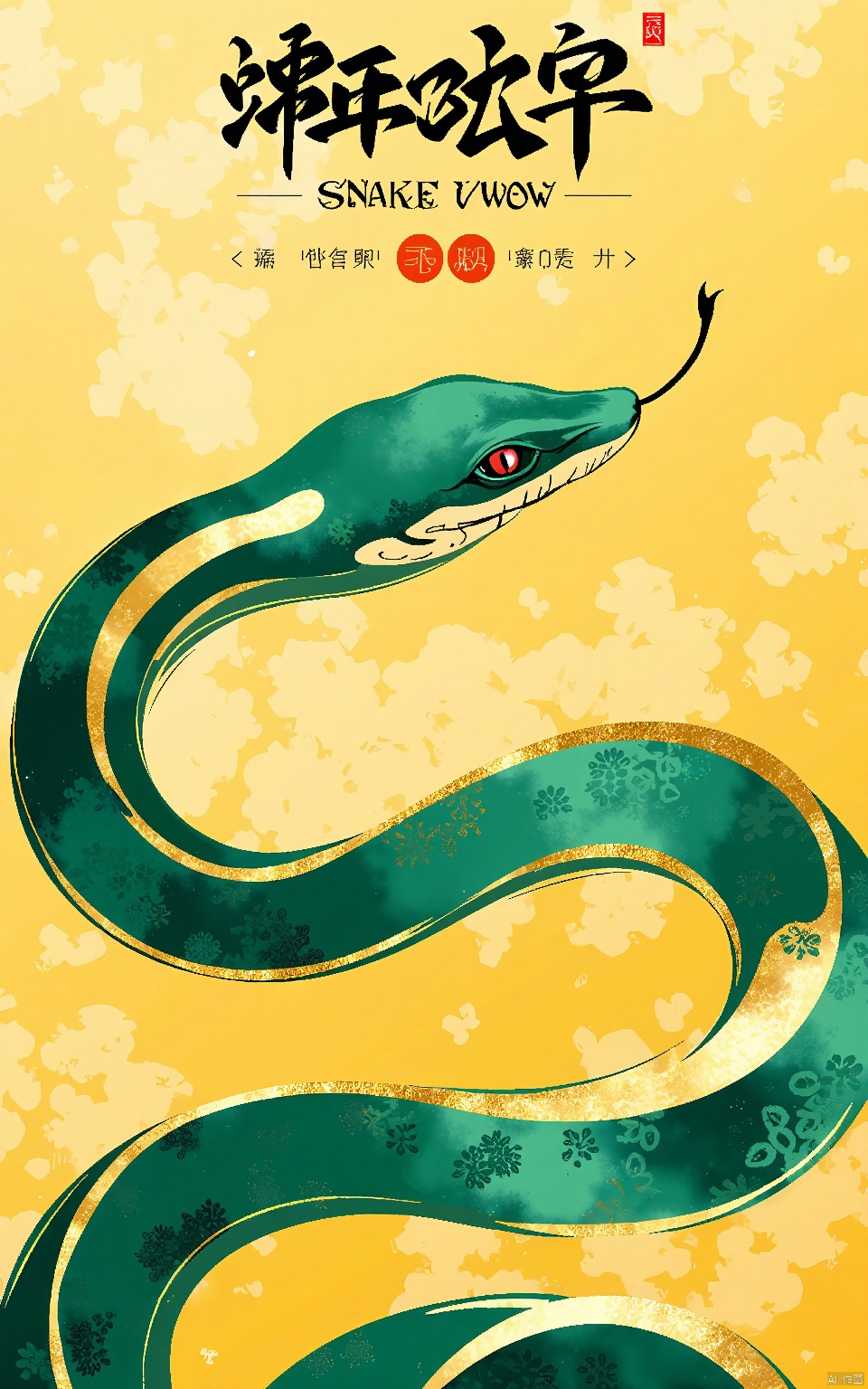 SNHB, a digital poster marking the Snake Year. A cobra of emerald green writhes on a canvas of golden yellow. Its scales shimmer with a metallic finish, echoing the texture of ancient scrolls. The snake's head peeks from the top left, adhering to the rule of thirds. Its eyes are piercing, filled with wisdom. The background fades into a warm blur, emphasizing the cobra's grace. The aesthetic is striking, emerald standing out against yellow. It blends modern digital artistry with traditional painting techniques.
