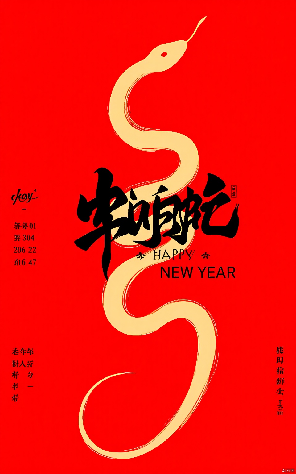 SNHB,SNHB,high quality,symmetrical,digital illustrations with snakes winding around the text on a red background. The snake has a long,flowing tail and an upturned head. Centered around a snake,the text reads "Happy New Year" in elegant black calligraphy. Composition uses guide lines to draw attention to the text,with the background as the focal point. The aesthetic quality is very high,with a festive feeling.,