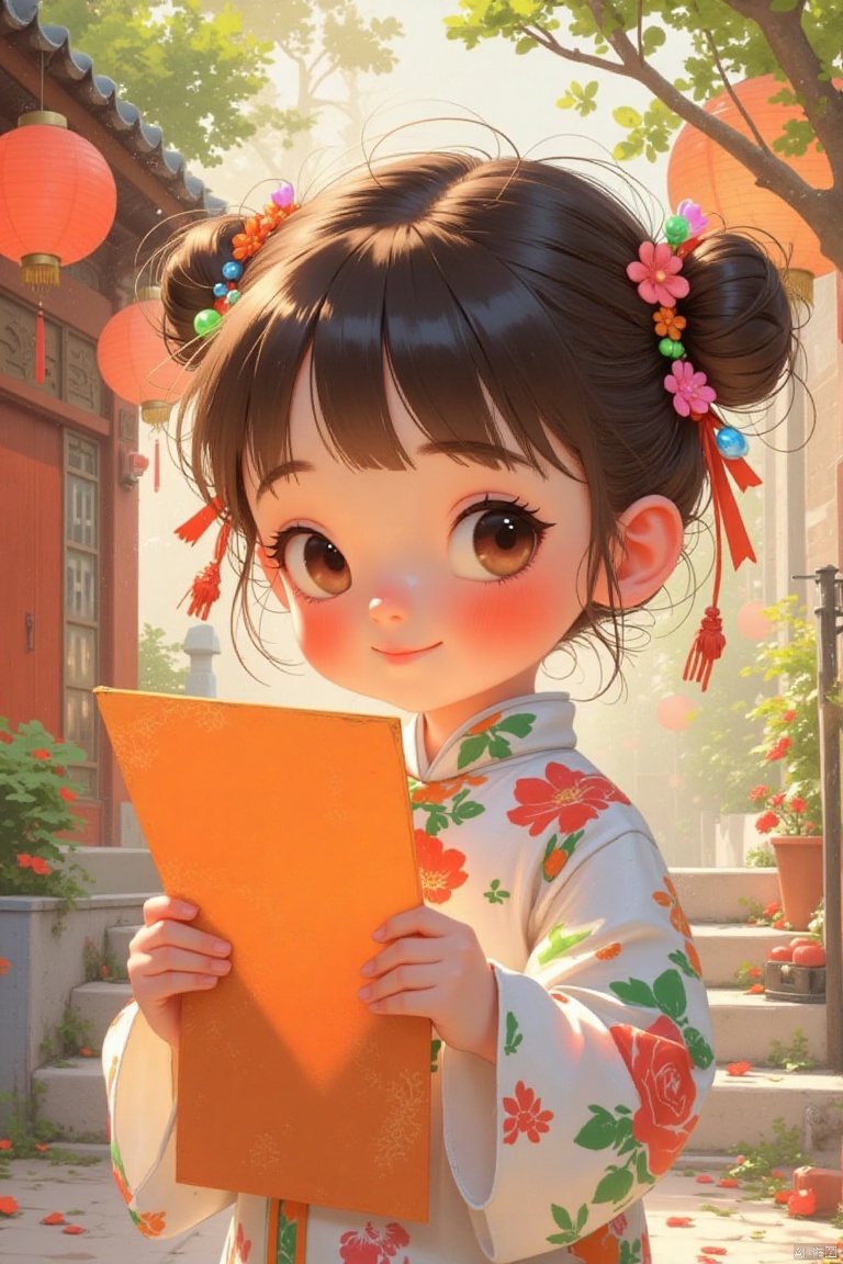 1girl, solo, blush, smile, bangs, black hair, hair ornament, long sleeves, ribbon, holding, brown eyes, hair ribbon, upper body, braid, flower, outdoors, parted lips, hair flower, hair bun,  holding an orange scroll .chinese clothes, floral print, tassel, child, hair rings, lantern, stairs, branch, architecture, east asian architecture, paper lantern