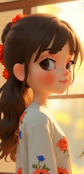1girl, solo, long hair, looking at viewer, blush, brown hair, shirt, black hair, hair ornament, brown eyes, upper body, ponytail, flower, hair flower, lips, floral print,sunlight