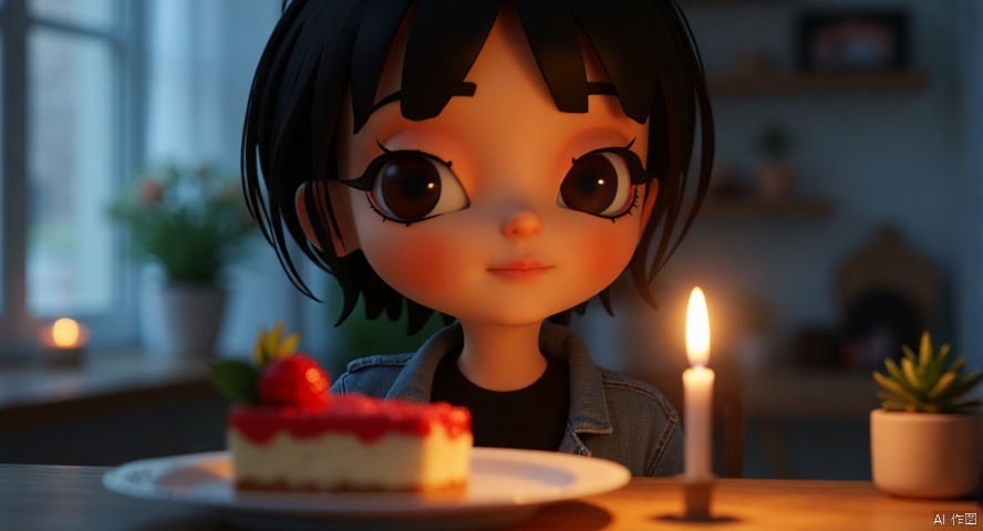 A close-up shot of a young girl with short hair and bangs, wearing a black shirt and denim jacket, sits alone at a table indoors., as if savoring the taste of food. A blurred slice of cake and a lit candle sit in front of her.looking at the light,The subject's upper body is framed by the dark background, with subtle highlights on her lips and skin.cartoon style