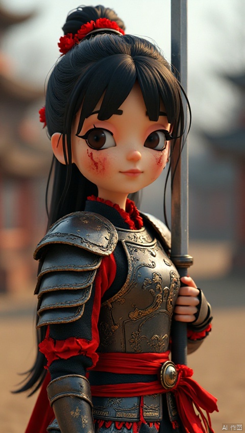 1girl,looking at viewer, full body,shot hair,black hair, holding, brown eyes, closed mouth, standing, full body, weapon,cowboy shot, outdoors, solo focus, day, sword, holding weapon, armor, black eyes, blood, facial mark, helmet, polearm, shoulder armor, spear, breastplate, blood on face, Chinese armor, facepaint, holding polearm,soldier, war, army