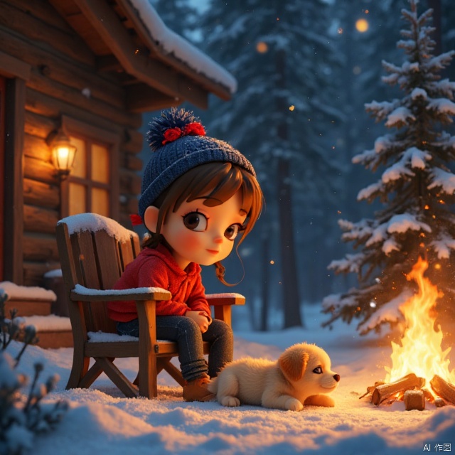 Whimsical illustration, a girl sits comfortably on a wooden chair by a warm crackling fire in a rustic outdoor snowy environment. looking at viewer, A puppy next to her was lying on her stomach, and it was snowing, and her facial features were gently illuminated by the golden light. In the playful cartoon style, her expressive face and energetic posture evoke a sense of happiness and surprise. The scene is based on a rich and dark background, and the subtle color tracking technology adds depth and texture to the artwork.