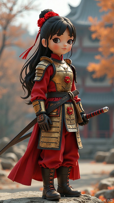 1girl,looking at viewer, full body,brown eyes, standing on stone,full body, weapon,outdoors, solo focus, day, sword, Chinese armor,  holding polearm,soldier, film