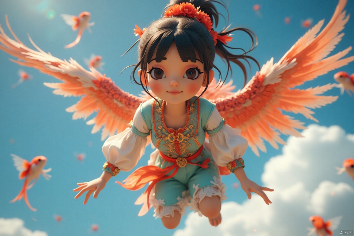 A whimsical scene of a beaming young girl, her face radiant with joy, as she effortlessly rides on the back of Betta splendens soaring through the air. The camera frames her full body, capturing every detail of her carefree expression and vibrant attire, as if frozen in mid-flight, gazing directly at the viewer.,hanfu