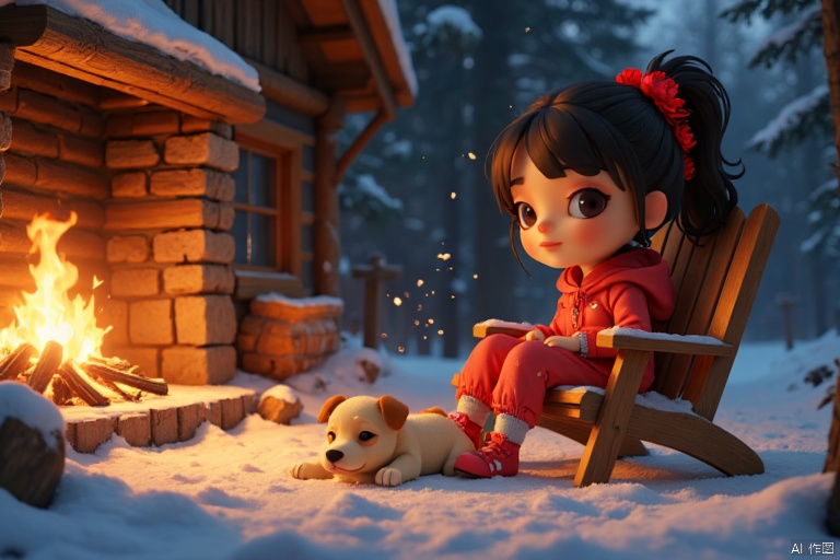 Whimsical illustration, a girl sits comfortably on a wooden chair by a warm crackling fire in a rustic outdoor snowy environment. looking at viewer, A puppy next to her was lying on her stomach, and it was snowing, and her facial features were gently illuminated by the golden light. In the playful cartoon style, her expressive face and energetic posture evoke a sense of happiness and surprise. The scene is based on a rich and dark background, and the subtle color tracking technology adds depth and texture to the artwork.
