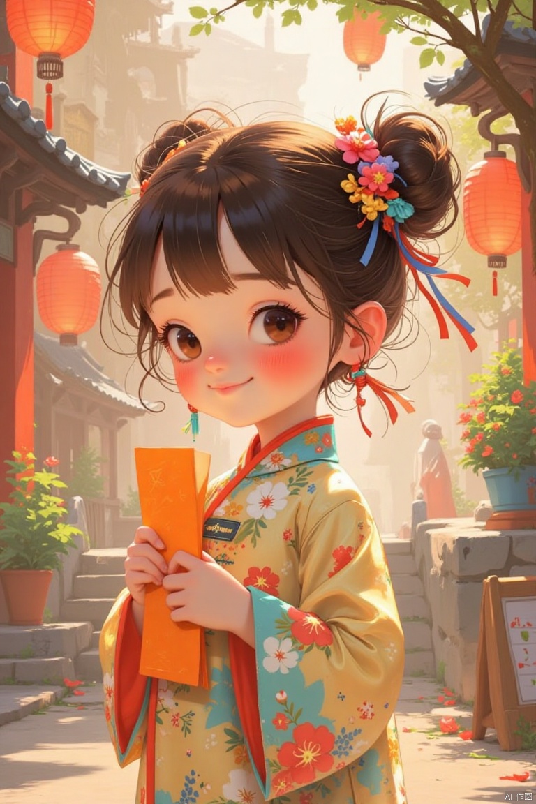 1girl, solo, blush, smile, bangs, black hair, hair ornament, long sleeves, ribbon, holding, brown eyes, hair ribbon, upper body, braid, flower, outdoors, parted lips, hair flower, hair bun,  holding an orange scroll .chinese clothes, floral print, tassel, child, hair rings, lantern, stairs, branch, architecture, east asian architecture, paper lantern