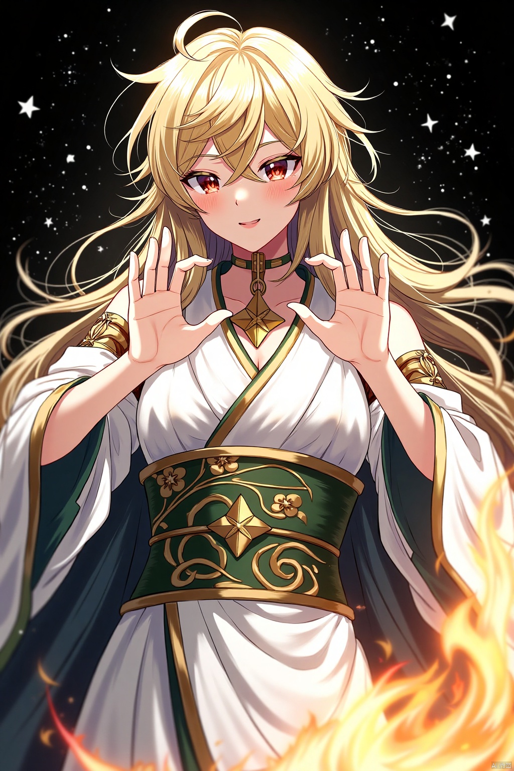An animated image of a blonde haired woman with red eyes. The woman is wearing a white robe with a green belt that has gold embroidery on it. Her hands are raised in the air in front of her face. Her hair is blowing in the wind. The background is black with white stars scattered across it. There is fire on the right side of the image.