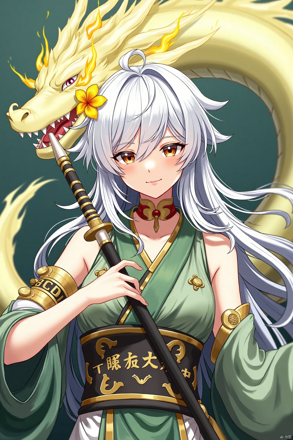 An animated image of an Asian girl with long white hair and a yellow flower in her hair. She is holding a sword in her right hand. Her left arm is bent at the elbow and she is holding the sword with her left hand. The girl is wearing a green dress with a gold belt around her waist. The belt has a black design on it with white letters on it. Behind the girl is a dragon with yellow flames coming out of its head. The dragon is on the left side of the image. The background is a greenish-blue color.