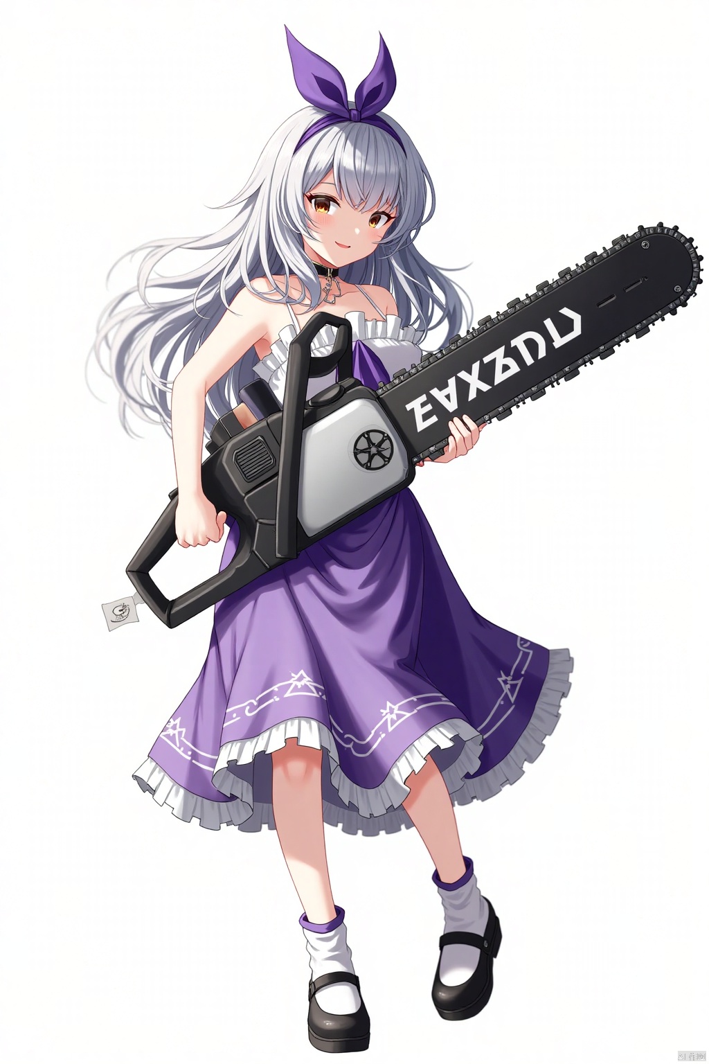 An animated image of a girl holding a large chainsaw. The girl is wearing a purple skirt with white trim and a purple bow on her head. The chainsaw is black and silver. Her hair is long and wavy. Her eyes are brown and she has a smile on her face. She is wearing white socks and black shoes. The background is white.