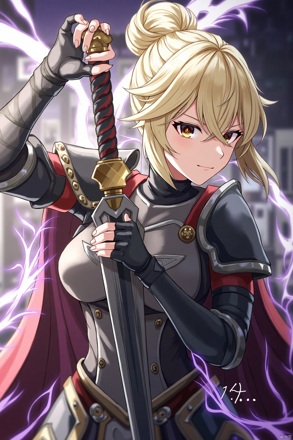 artoria pendragon \(fate\), saber alter, 1girl, armor, armored dress, black armor, blonde hair, braid, braided bun, breastplate, brown eyes, excalibur morgan \(fate\), eyebrows hidden by hair, gauntlets, hair between eyes, hair bun, swinging weapon, scowl, >:\(, short hair, sidelocks, single hair bun, solo, en guard, sword, weapon,masterpiece,best quality,amazing quality,