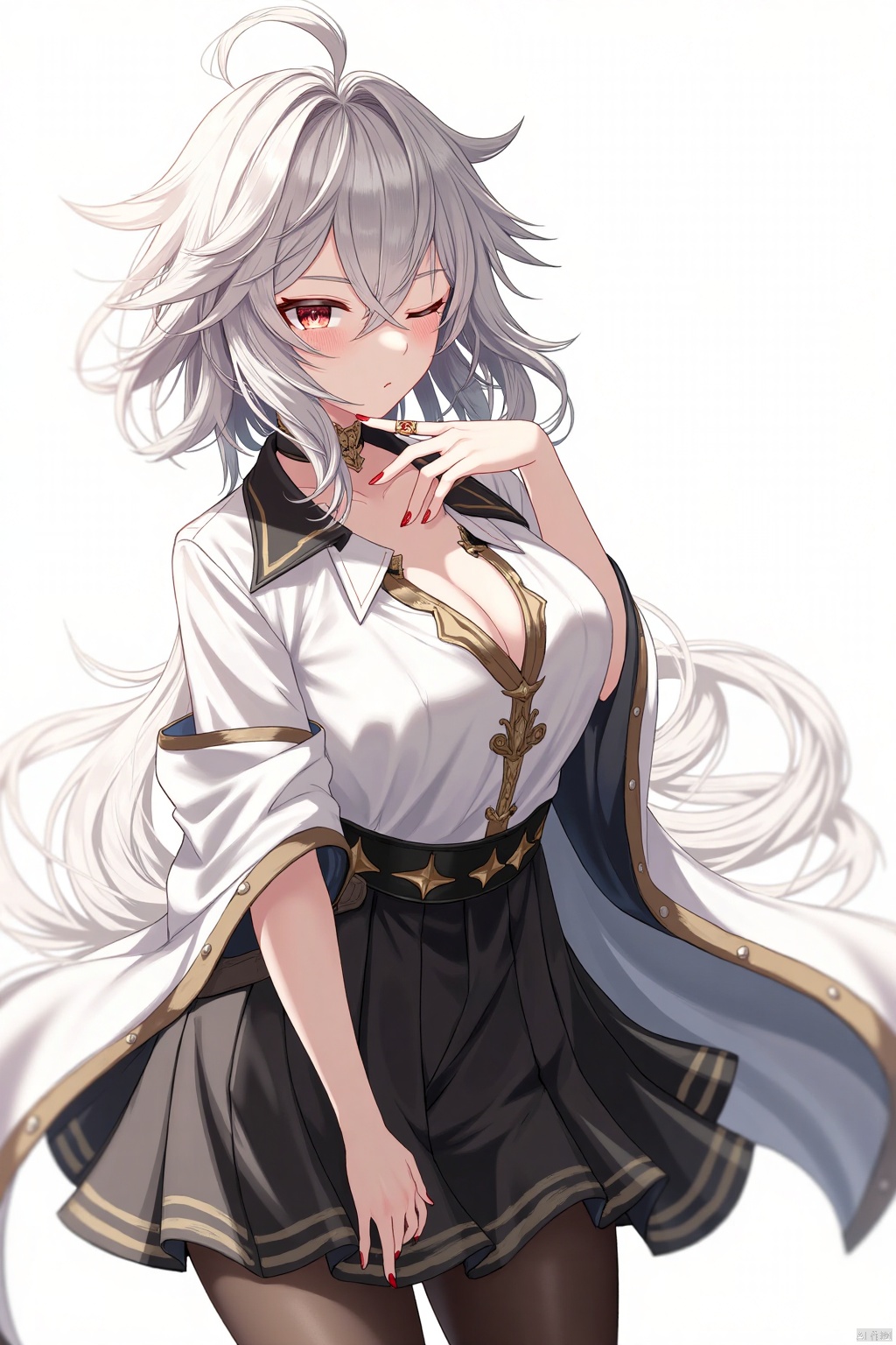 Ganyu from Genshin Impact poses on a white background, wearing a partially unbuttoned collared shirt, black pantyhose, and a pleated skirt that flows behind her. Her gaze meets the viewer's, her closed mouth and parted lips conveying a sense of innocence. Medium-sized breasts are subtly hinted at beneath the shirt. A subtle blush adorns her cheeks as she smizes. The framing is dynamic, with a sharp focus on Ganyu's face and torso, set against a simple yet visually striking background. Her red nail polish adds a pop of color to the otherwise monochromatic palette. The overall atmosphere is temperate, with masterful details that exude a sense of high-end quality.