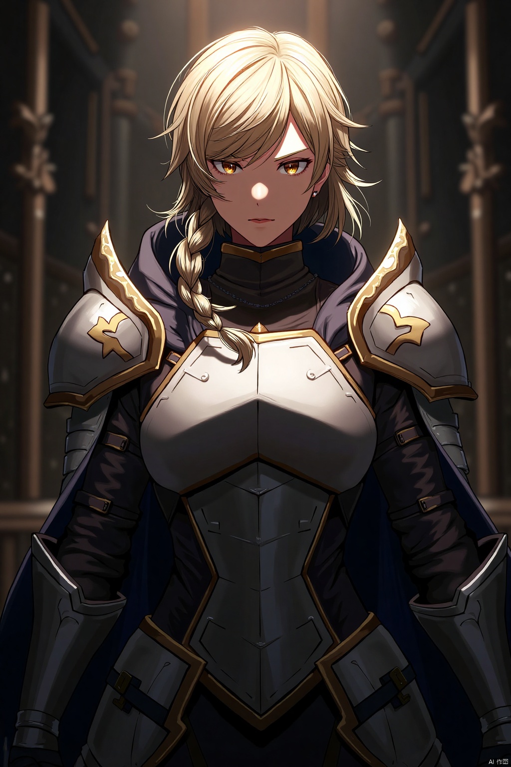 In a masterfully lit scene, Artoria Pendragon, the iconic Saber Alter, stands en garde, her armored dress glistening in the dim light. Her blonde hair is braided into a sleek bun, with a few loose strands framing her stern expression. Brown eyes narrowed, she gazes directly ahead, eyebrows hidden by her mane. A breastplate adorns her chest, and gauntlets encase her arms, ready to unleash Excalibur Morgan's power. The atmosphere is intense, with a hint of unease, as if the very air is charged with her determination. In this best-quality masterpiece, Artoria's short hair and sidelocks add a touch of elegance, while her scowl conveys a sense of focus and preparation for battle, all captured in an amazing quality image.