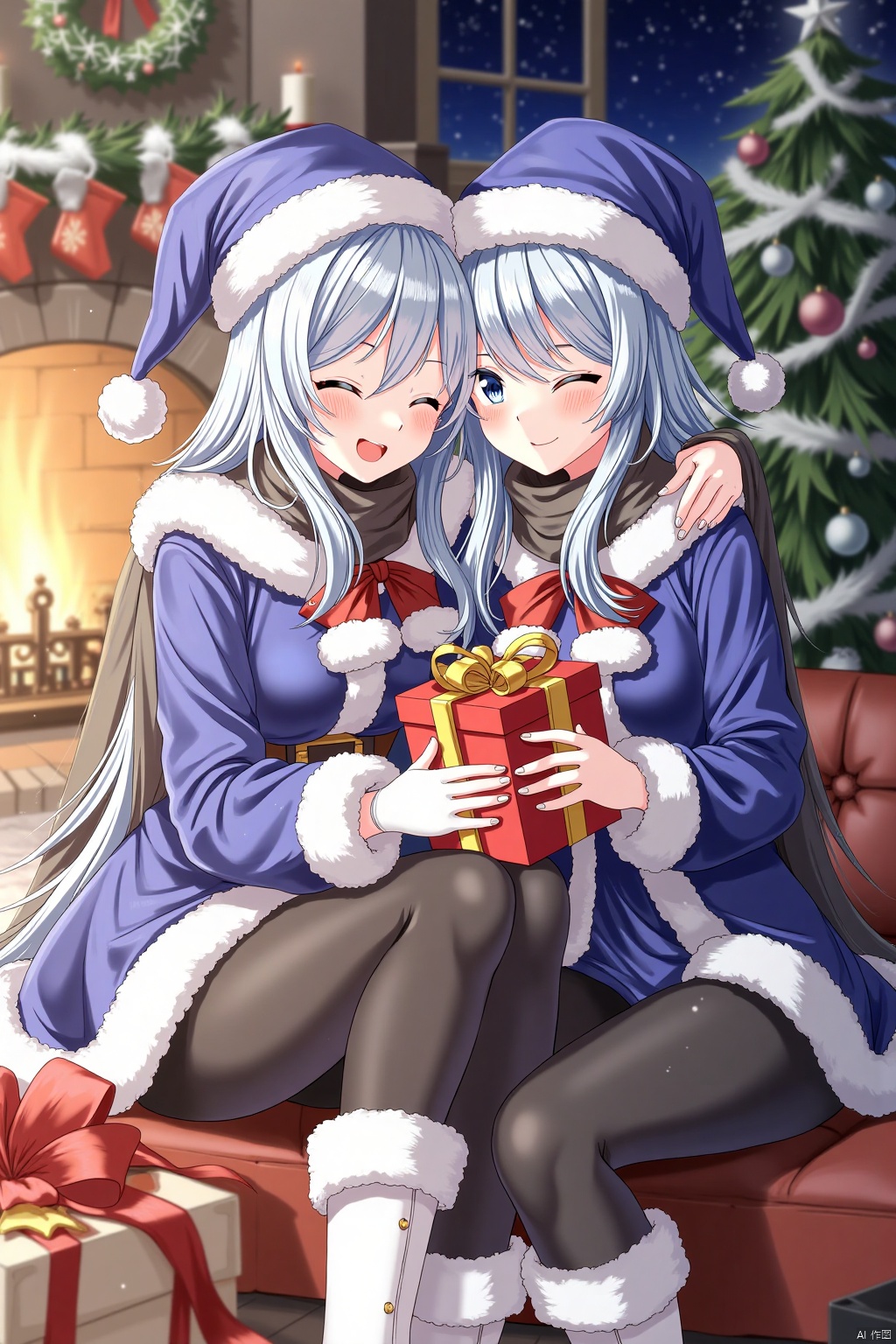 matcha,,line art,masterpiece,bestquality,(chen bin),[mignon],fymrie,line art,line style,indoors,night,fireplace,christmas tree,gift box,ribbon,open box,silk,2girls,dutch angle ADDBASE
2girls,
blue eyes,(white hair),long hair,hair between eyes,medium breasts,
winter clothes,blue santa costume,santa hat,black leggings,fur trim,long sleeves,white mittens,
cowboy shot,light blush,looking at viewer,half-closed eyes,light smile,naughty face,one eye closed,hug,sitting on sofa,close-up ADDCOL
2girls,
blue eyes,(white hair),long hair,hair between eyes,small breasts,
winter clothes,blue santa costume,no headwear,white leggings,fur trim,long sleeves,(scarf),white mittens,knee boots,
cowboy shot,light blush,looking at viewer,expressionless,half-closed eyes,holding gift,sitting,leaning on person,close-up,