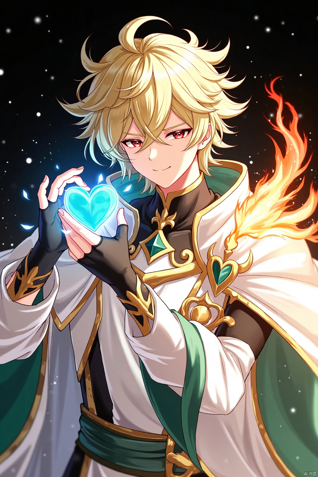 An animated image of a male character with blonde hair and red eyes. He is wearing a white and gold outfit with a green belt. His hands are covered with black gloves. He holds a blue heart in his left hand. The heart is glowing with a light blue hue. His eyes are a bright red. His hair is blowing in the wind. There are orange flames coming from his right arm. The background is dark with white stars.
