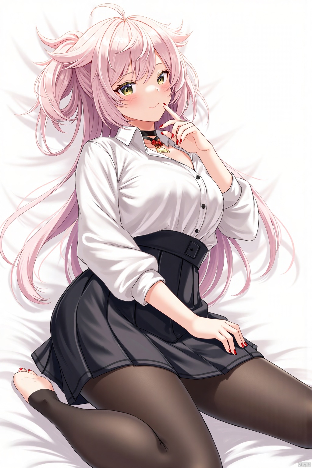 masterpiece,best quality,amazing quality,official art,best qualities,very aesthetic,absurdres,solo_focus,alternate_costume,highres,safe,semi-thick painting,1girl,solo,blush,smile,closed mouth,medium breats,ganyu \(genshin impact\),skirt, cleavage,pantyhose, shirt, white shirt, lying,pleated skirt, looking at viewer, on back, black skirt,  white background,  simple background, partially unbuttoned,  black pantyhose, collared shirt,parted lips, collar, choker,nail polish, red nails, Dynamic Angle,very aesthetic,absurdres,A shot with tension,ultra-high resolution,32K UHD,sharp focus,Emotionalization,unconventional supreme masterpiece,masterful details,temperate atmosphere,with a high-end texture,(Visual impact:1.2),dynamic and visually striking appearance,offcial art,colorful,splash of color,movie perspective,absurdres,newest,