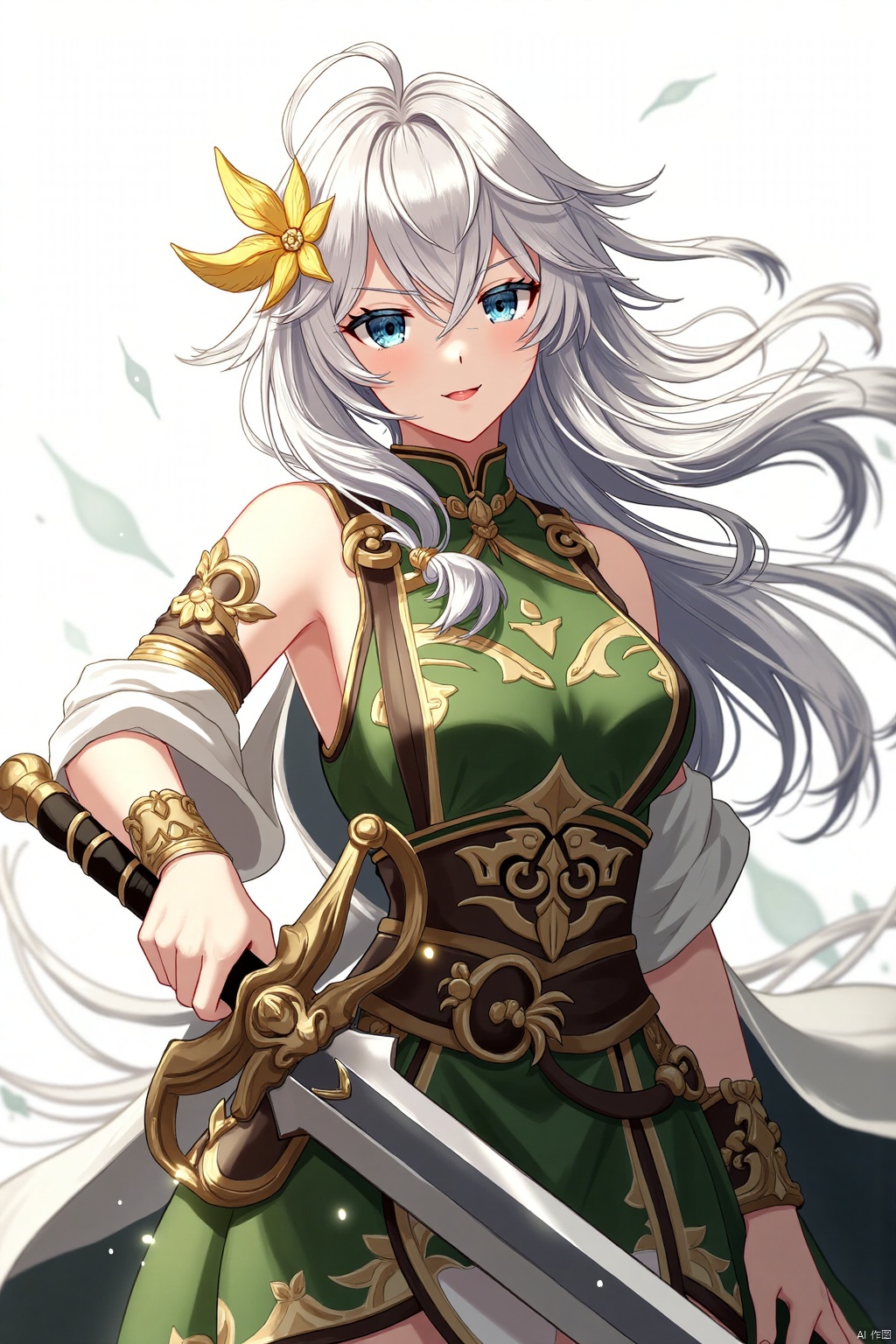An animated image of a female warrior with long white hair and a yellow flower on her head. She is holding a sword in her right hand. Her dress is green with gold trim and a gold belt. Her belt is adorned with gold letters and symbols. Her left arm is draped over her right arm. Her right arm is wrapped around her waist. She has a gold bracelet on her left wrist. Her eyes are a piercing blue. Her mouth is slightly open. Her hair is pulled back in a ponytail. Her ponytail is blowing in the wind.