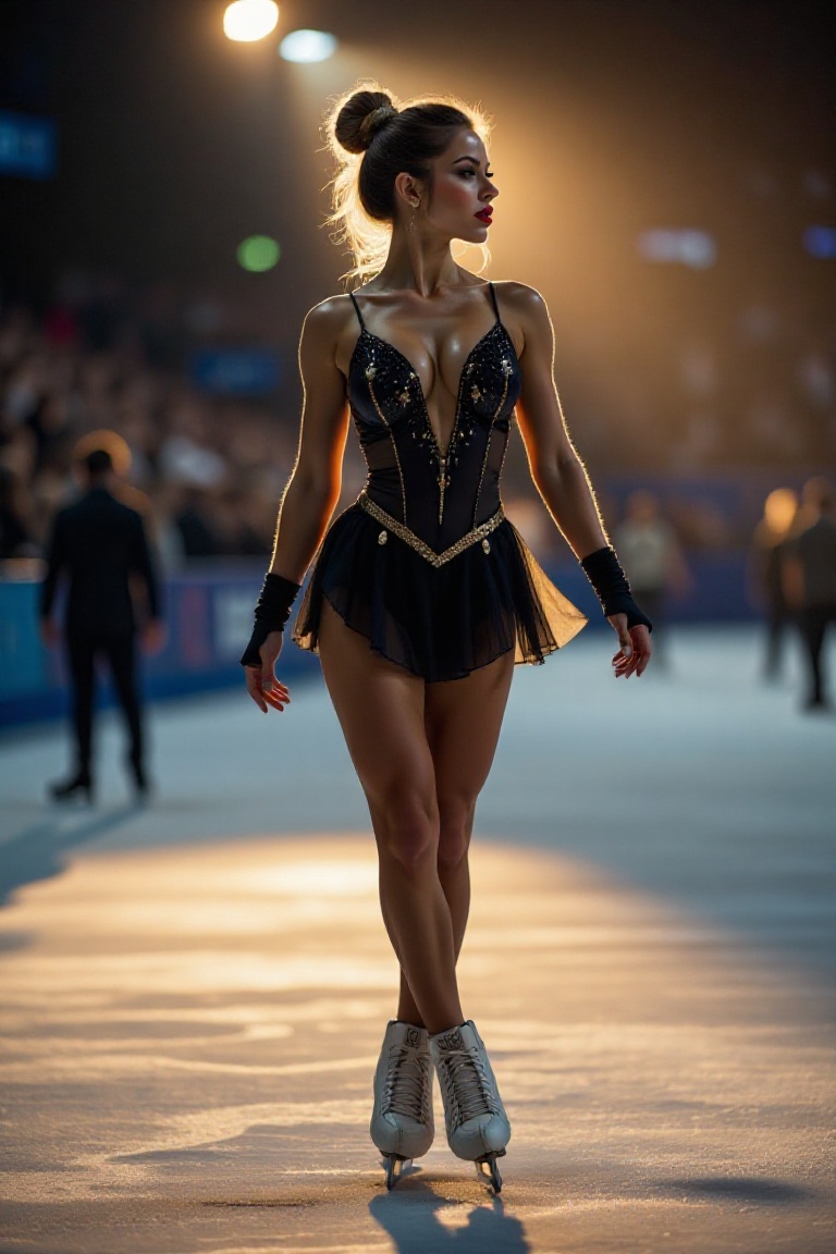 A beautiful figure skating scene: A statuesque skater stands silhouetted against a competition backdrop,  her bold,  crims...
