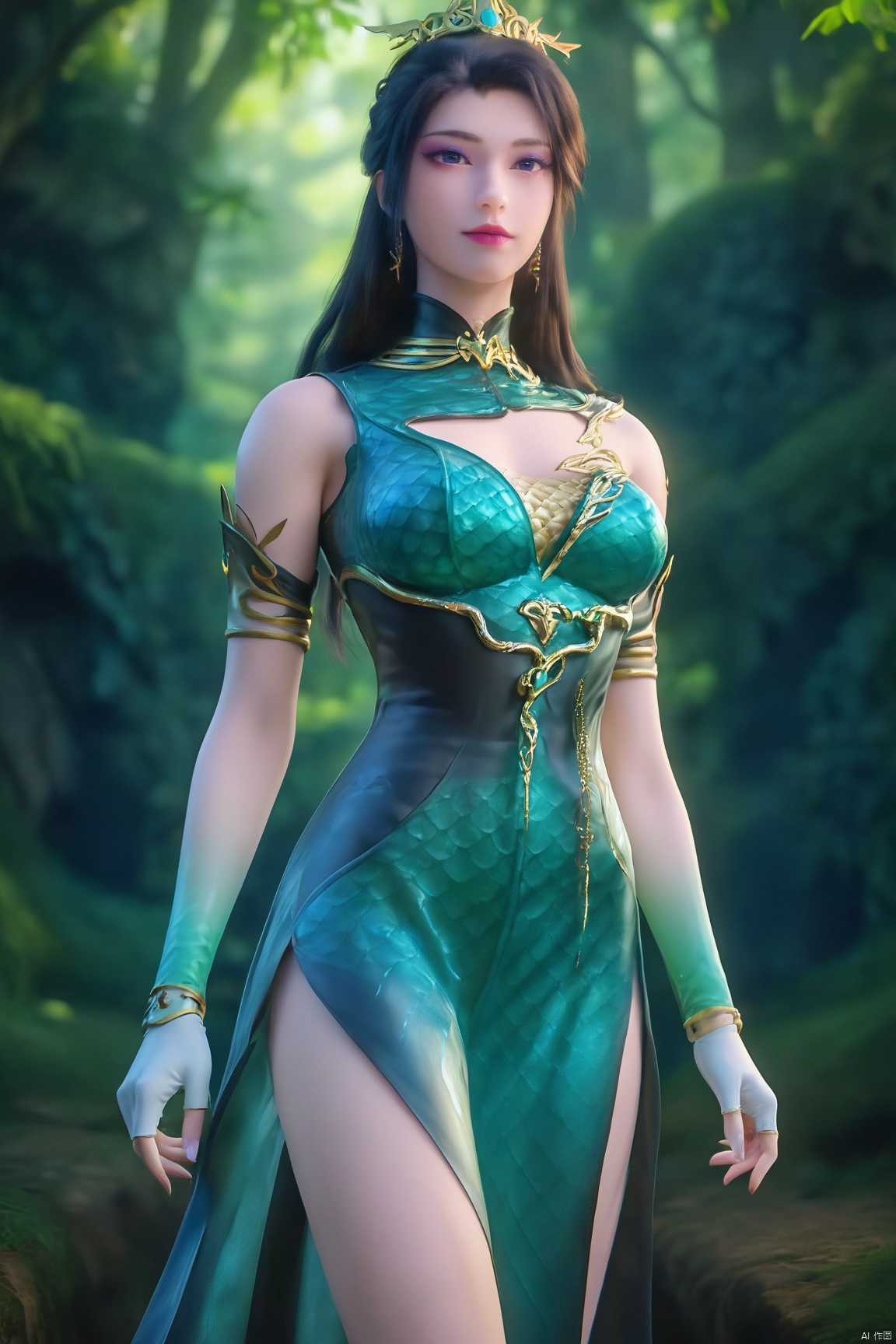score_9_up,score_8_up,score_7_up,(Masterpiece, Best Quality, High Resolution, 8K Raw),
1girl, solo, long hair, breasts, black hair, dress,green dress,long legs,
pale skin,translucent,realistic,white skin,high detailed  skin,(detailed skin:1.1),highly detailed,ultra-high resolution,32K UHD,sharp focus,best-quality,masterpiece,unconventional supreme masterpiece,masterful details,temperate atmosphere,with a high-end texture,in the style of fashion photography,Dynamic Angle,(Dynamic posture:1.1),OverallDetailXL,zPDXL3,GX_style